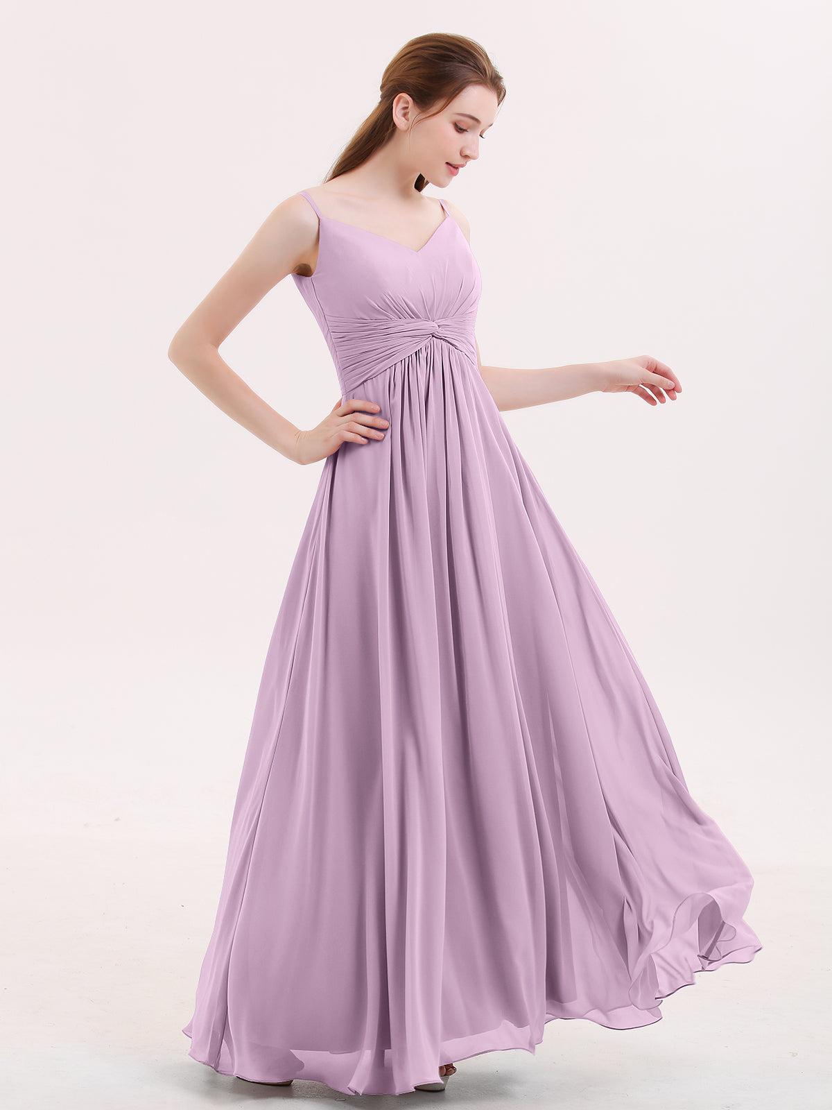 BABARONI Chiffon Wisteria Bridesmaid Dresses V-neck Floor-length Spaghetti Straps Ruched Empire BABARONI Chiffon Wisteria Bridesmaid Dresses V-neck Floor-length Spaghetti Straps Ruched Empire