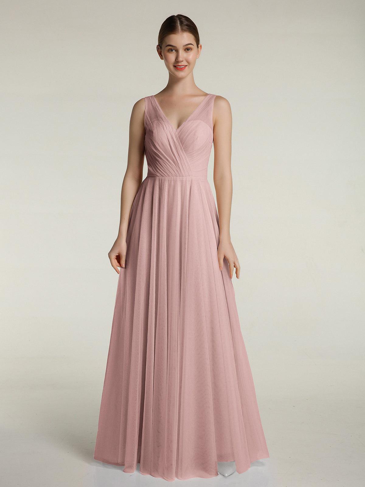 the lorelei ruched bodice dress BABARONI BABARONI Tulle Dusty Rose Bridesmaid Dresses V-neck Floor-length Sleeveless Pleated A-line, Dusty Rose / US0