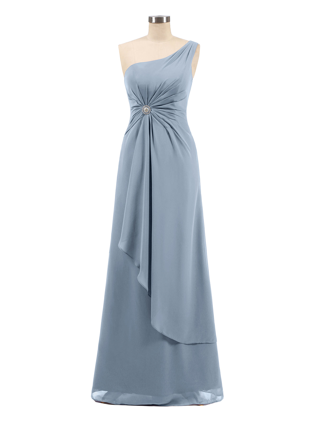 BABARONI One Shoulder Chiffon Dress with Cascade Skirt-Dusty Blue, Dusty Blue / US0