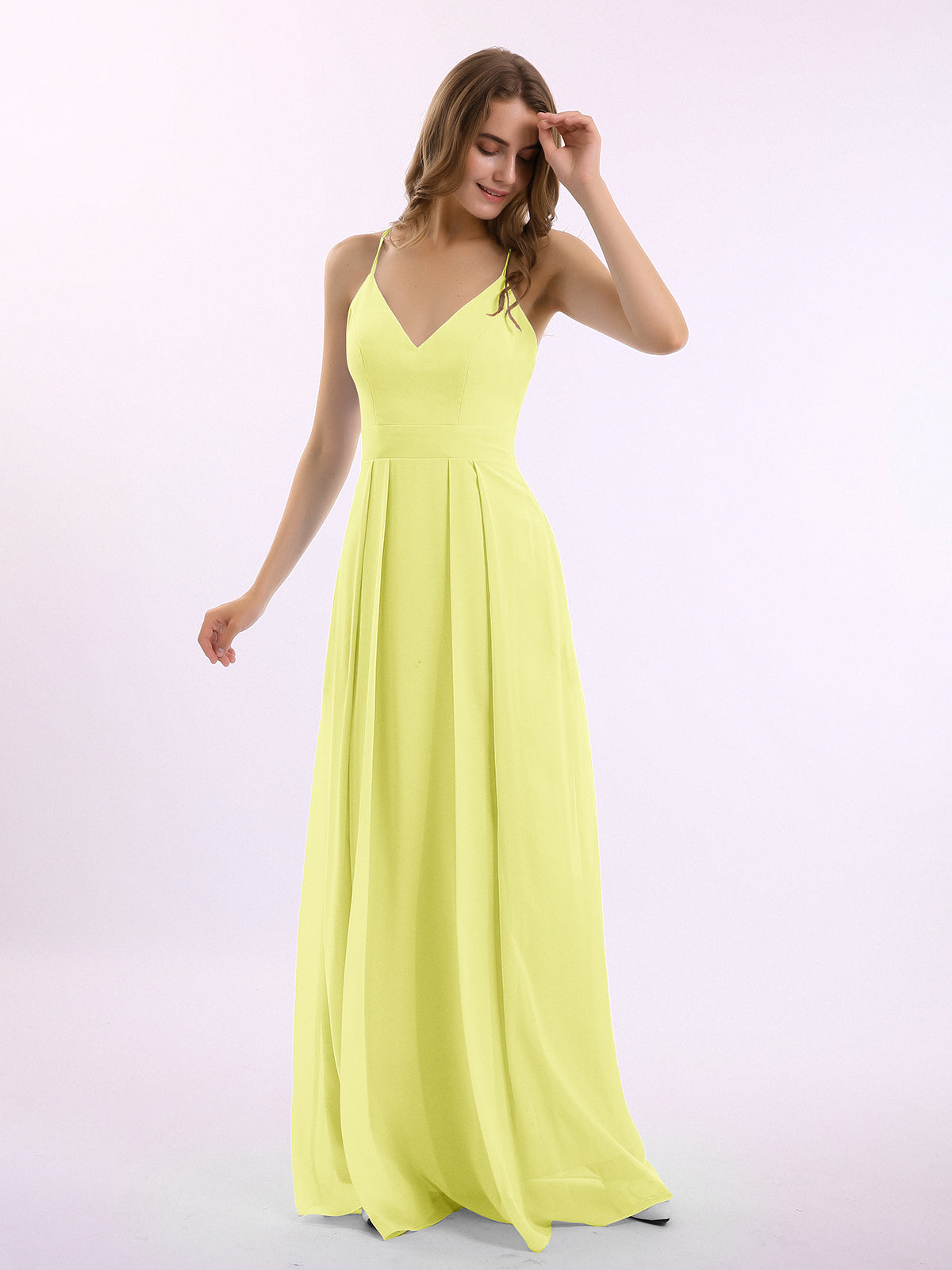 BABARONI Chiffon Daffodil Bridesmaid Dresses V-neck Floor-length Spaghetti Straps Pleated Pocket A-line, Daffodil / US0