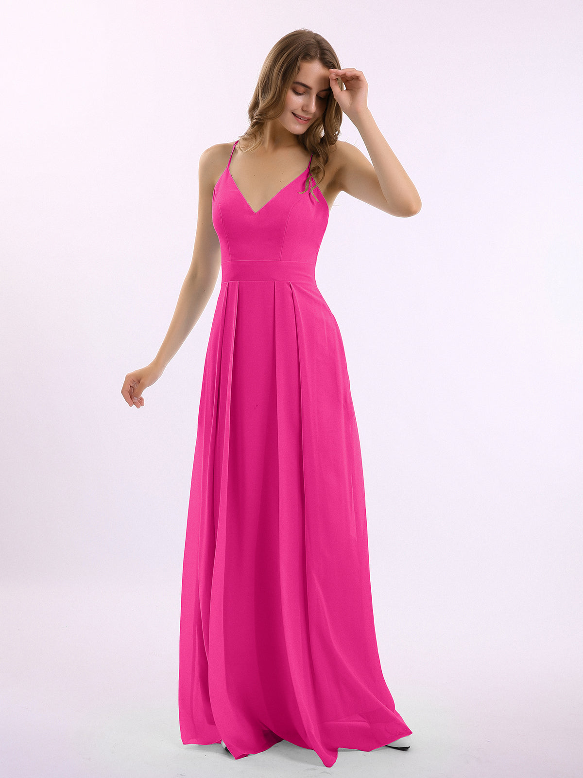 BABARONI Spaghetti Strap V-neck Chiffon Gowns with Pocket-Fuchsia, Fuchsia / US0 BABARONI Spaghetti Strap V-neck Chiffon Gowns with Pocket-Fuchsia, Fuchsia / US0