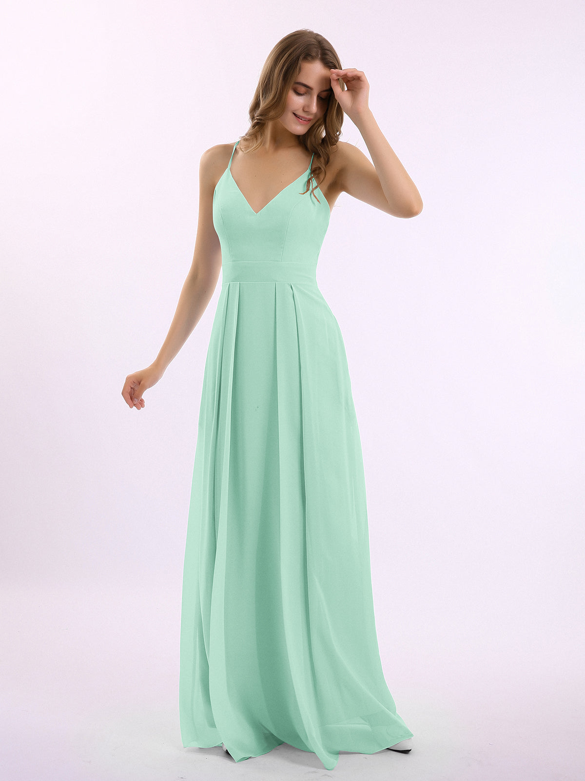 BABARONI Chiffon Mint Green Bridesmaid Dresses V-neck Floor-length  Spaghetti Straps Pleated Pocket A-line
