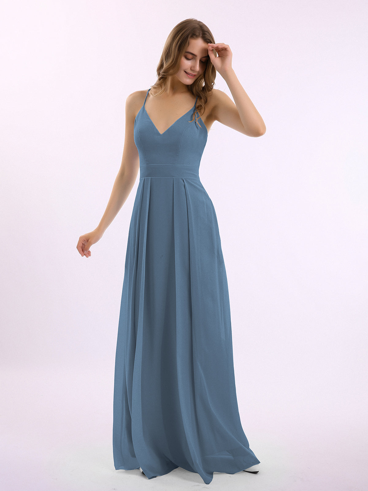 BABARONI Spaghetti Strap V-neck Chiffon Gowns with Pocket-Slate Blue Plus Size, Slate Blue / US18