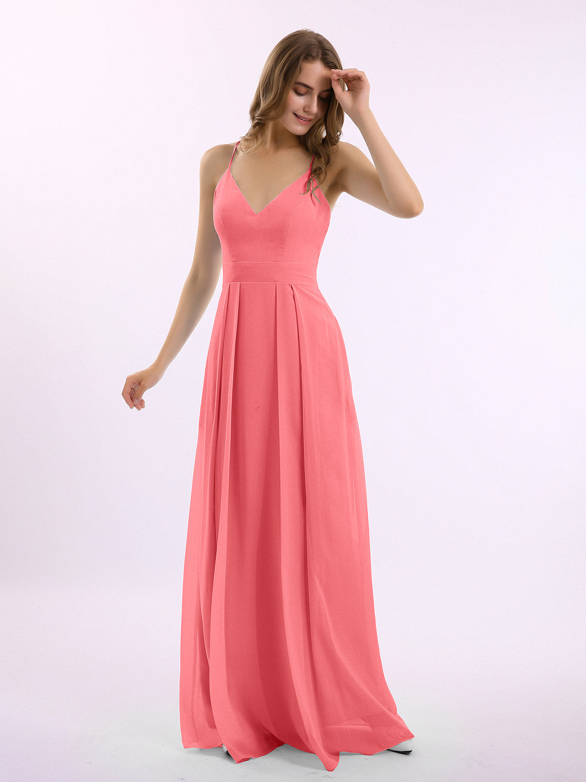 Long Spaghetti Strap Chiffon Bridesmaid Dress Watermelon Plus Size