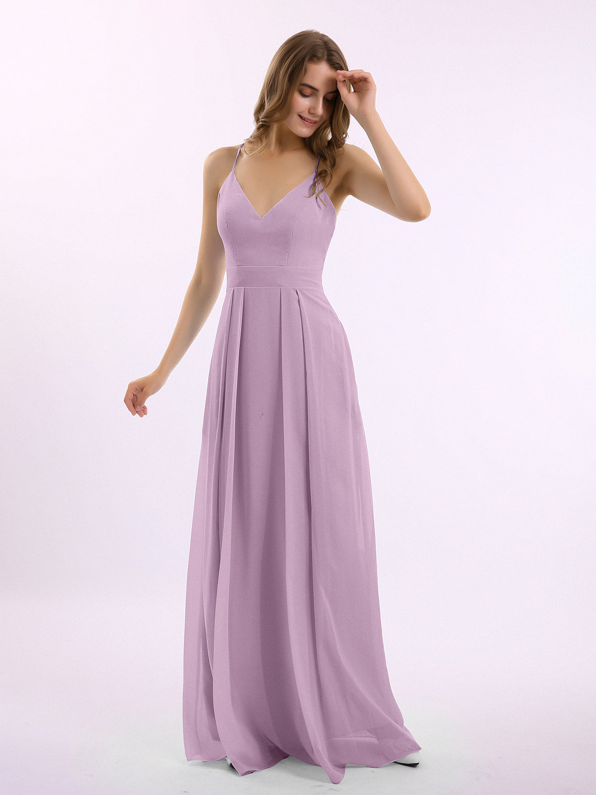 BABARONI Spaghetti Strap V-Neck Chiffon Gowns with Pocket-Wisteria, Wisteria / US0