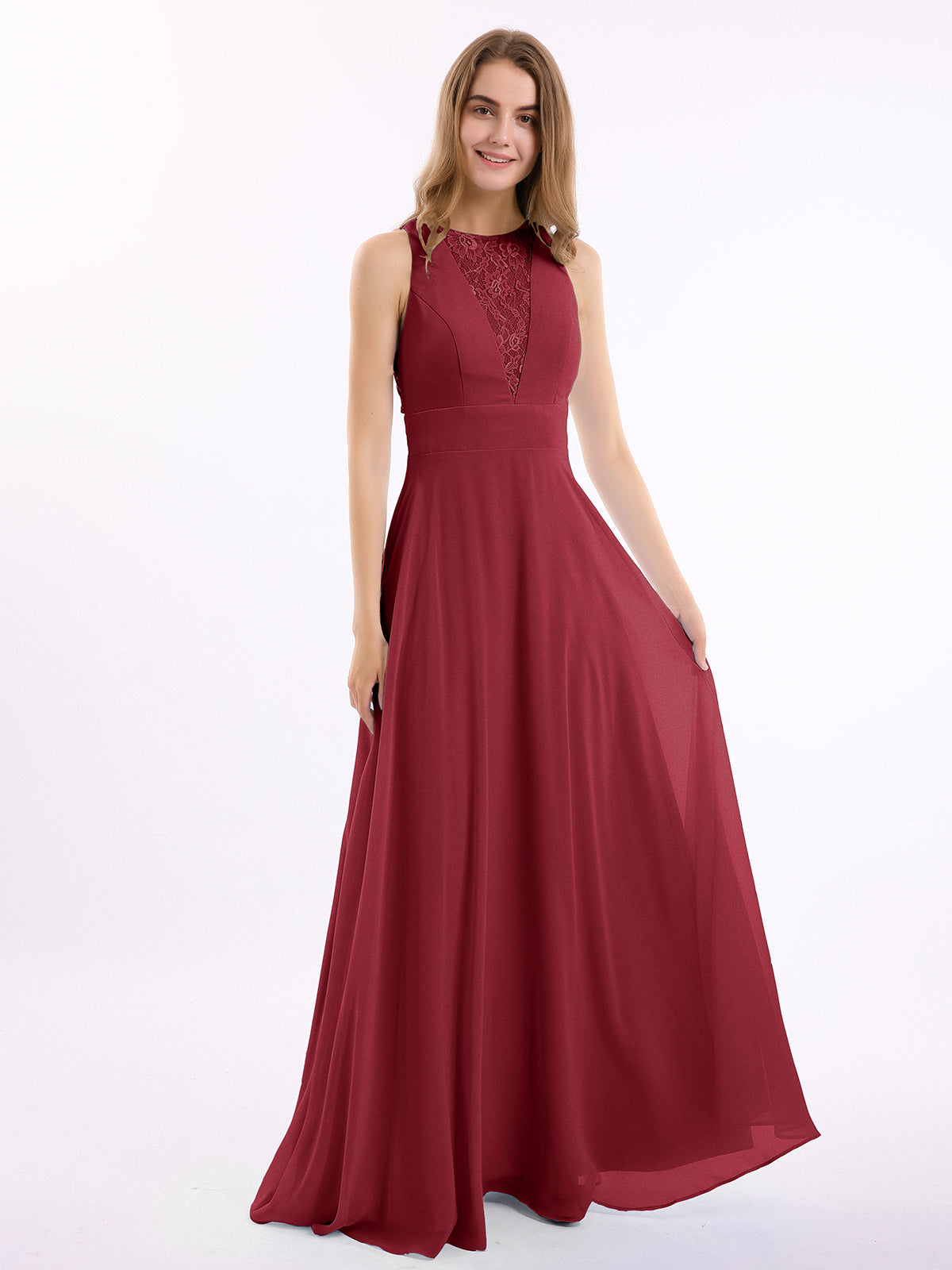 BABARONI Chiffon Burgundy Bridesmaid Dresses Scoop Floor-length Sleeveless  Lace A-line
