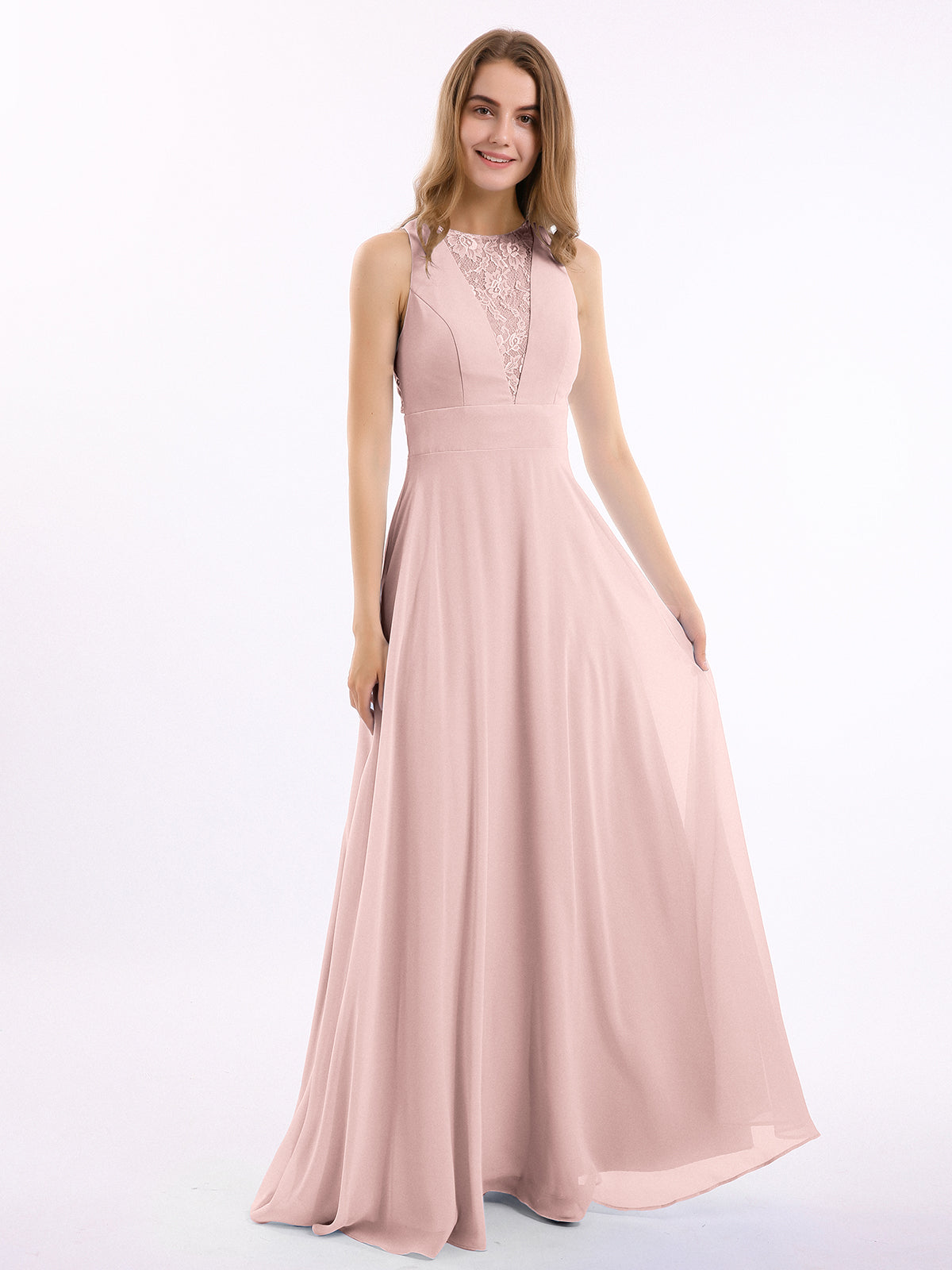 BABARONI Chiffon Dusty Rose Bridesmaid Dresses Scoop Floor-length  Sleeveless Lace A-line