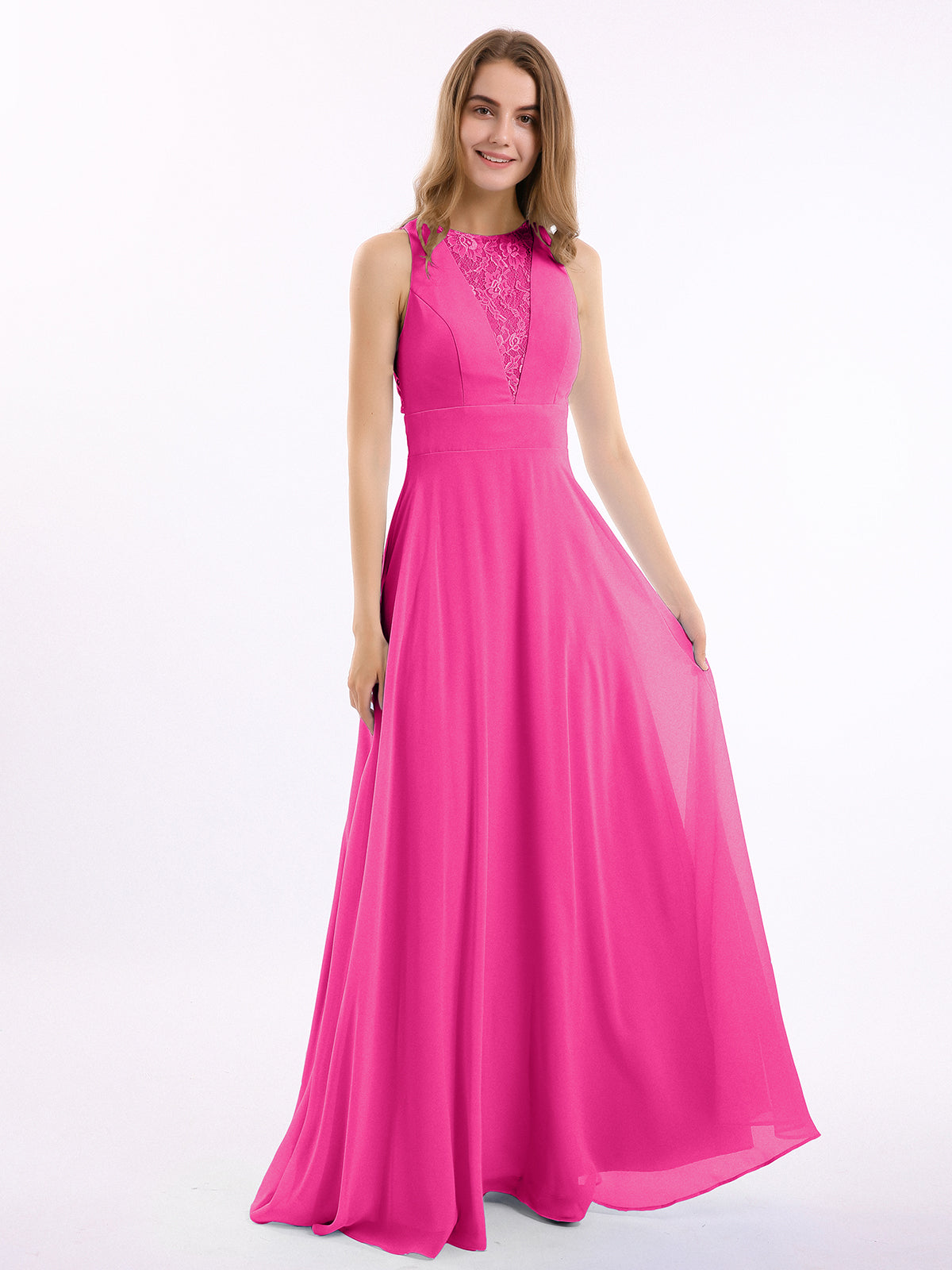 BABARONI Lace Deep V-Neck and Back Chiffon Long Dresses-Fuchsia Plus size, Fuchsia / US18