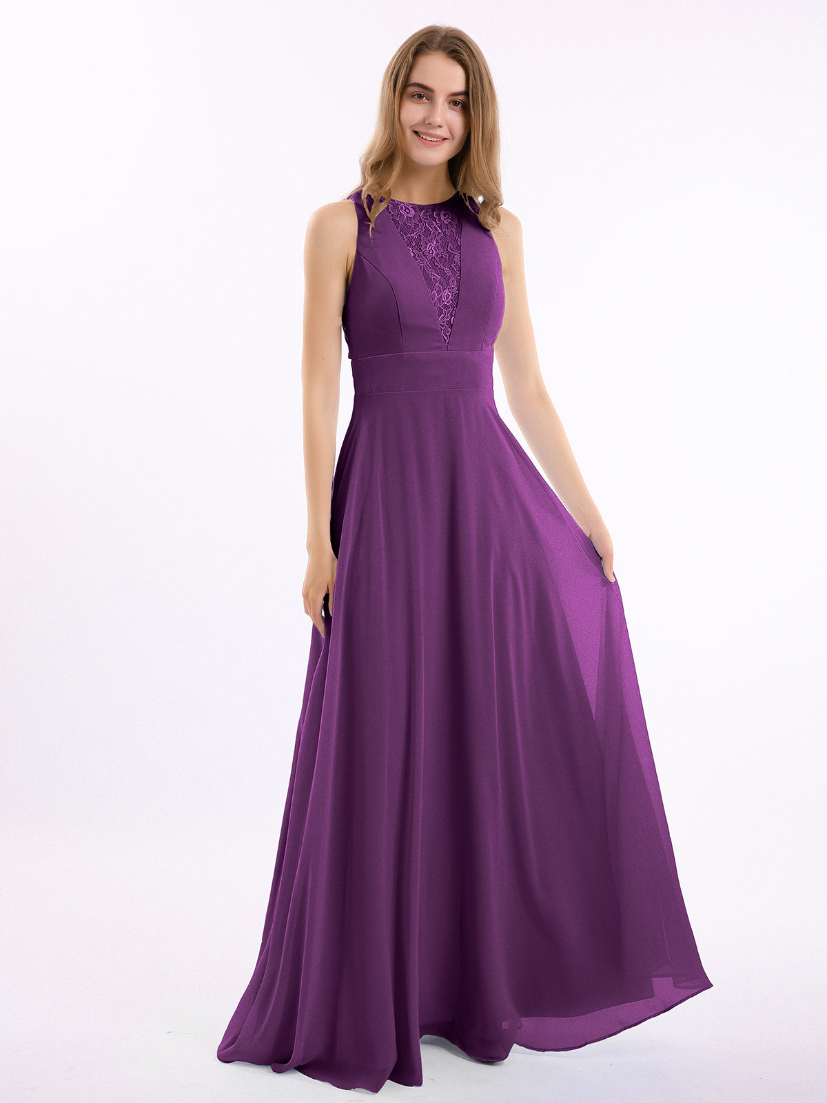 BABARONI Lace Deep V-neck and Back Chiffon Long Dresses-Grape Plus Size, Grape / US18
