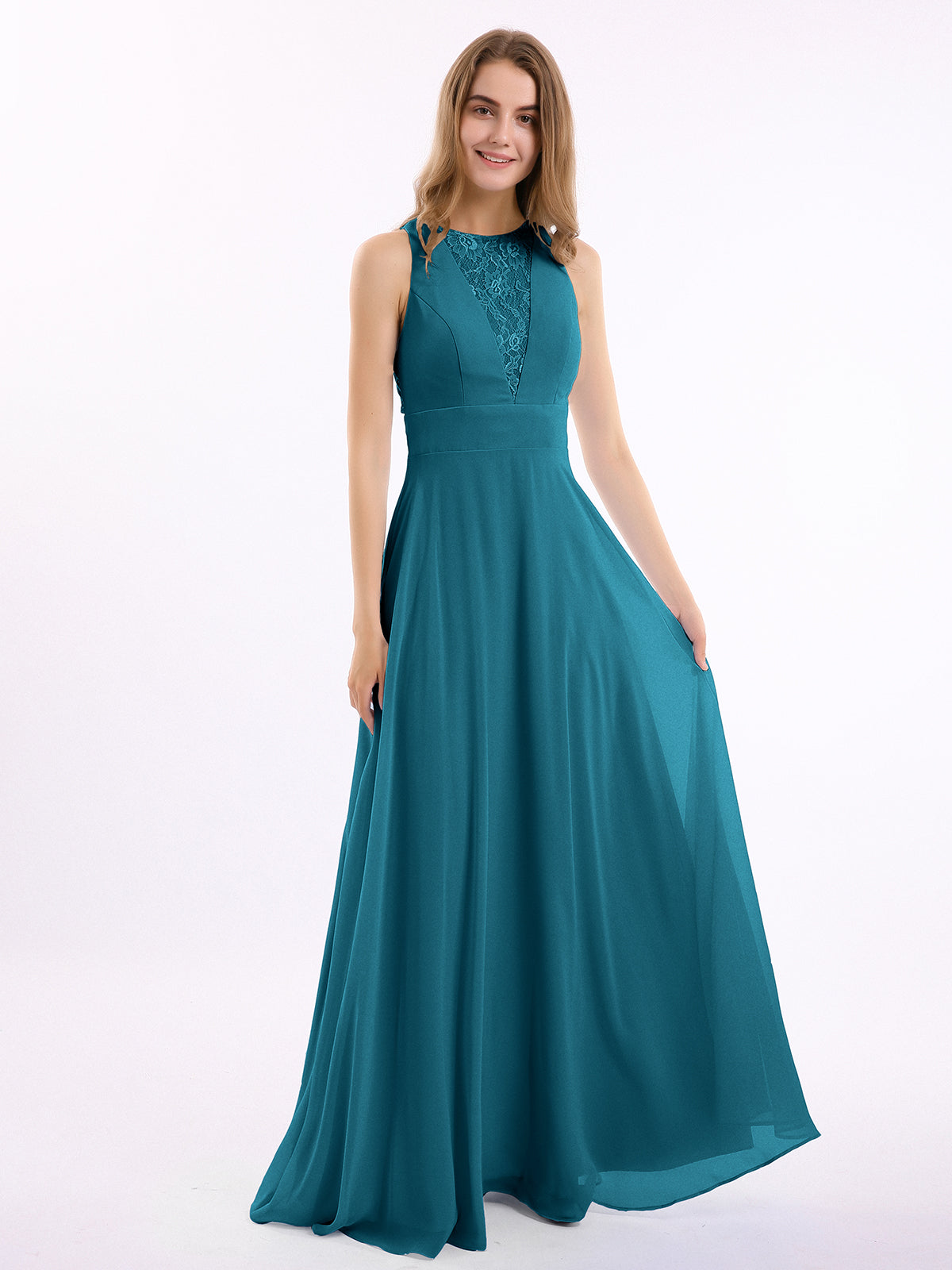 Long Lace Cap Sleeves Chiffon Gown with V Neck Ocean Blue Plus Size