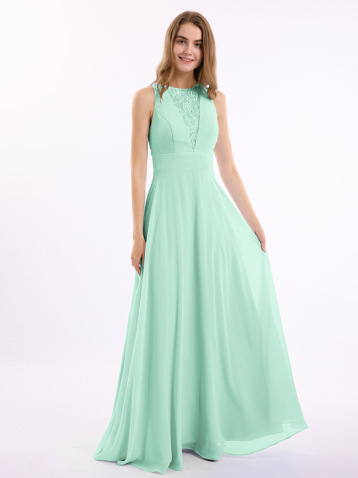 V-neck Lace and Chiffon Dresses with Open Back Lime Green