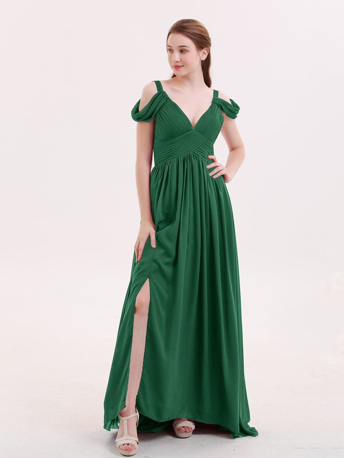 BABARONI Deep V Neck Sexy Chiffon Dress with Slit-Dark Green, Dark Green / US0