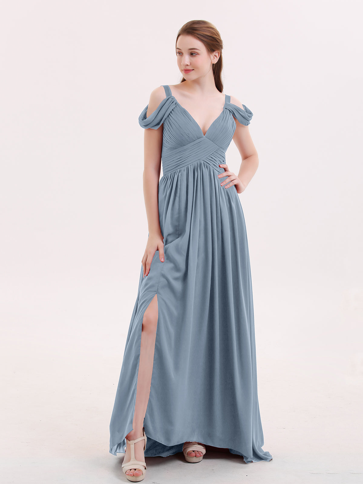 Sweep Train Chiffon Sexy Dress with Slit Dusty Blue Plus Size
