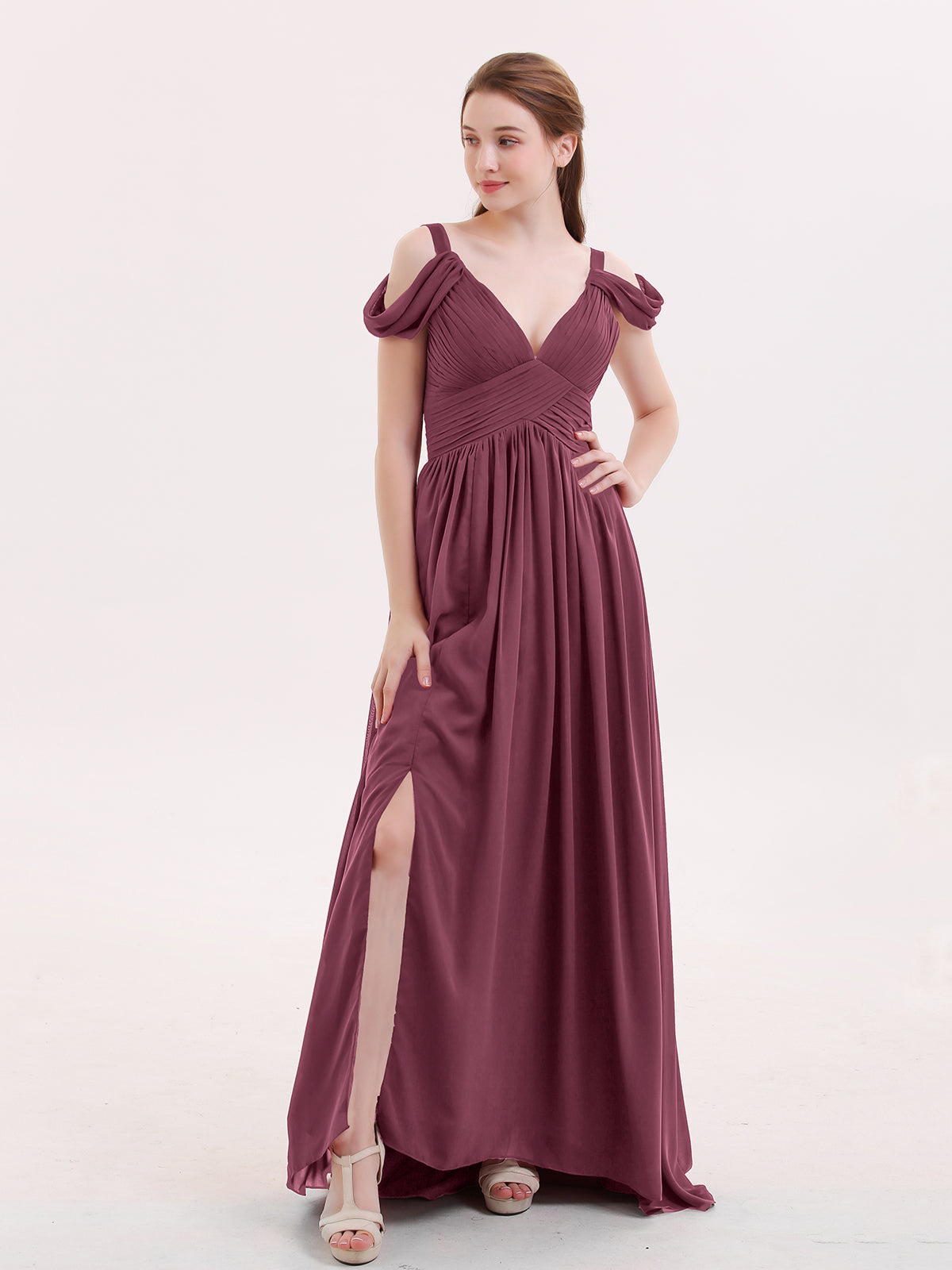 Cap Sleeves V-neck Chiffon Dress with Slit Mulberry Plus Size main image 1