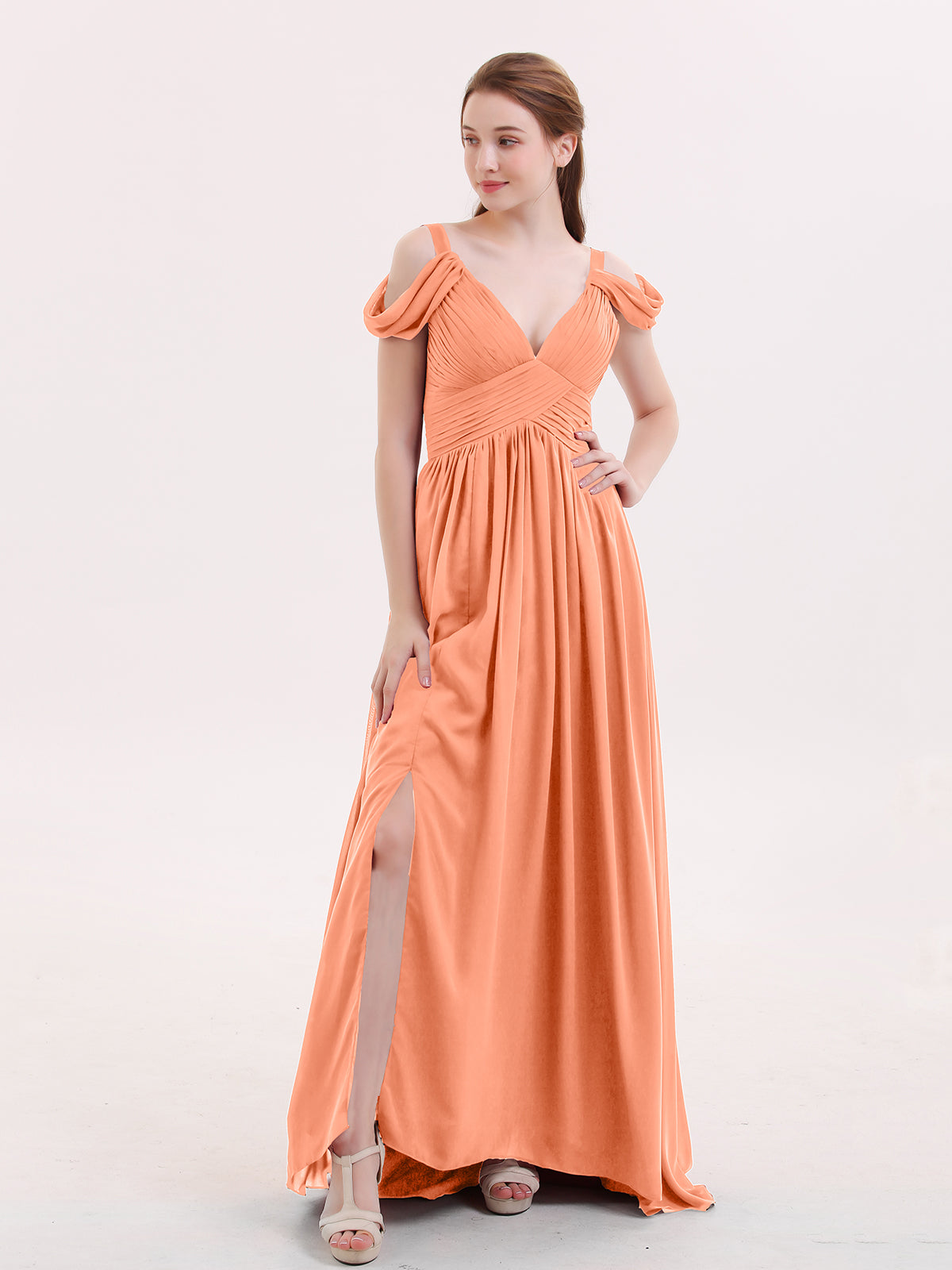 Square Neck Maxi Chiffon Dress with Front Slit Papaya