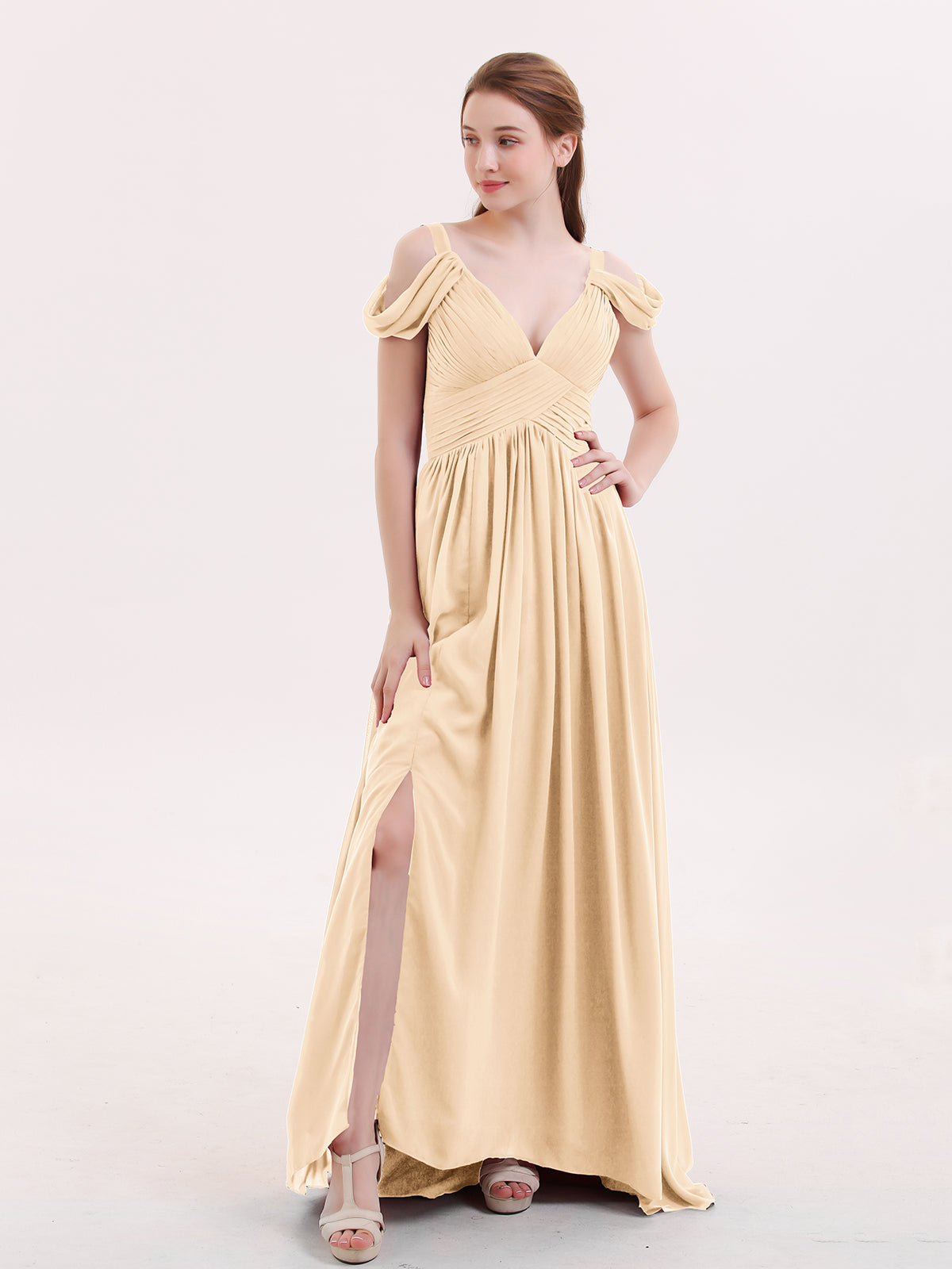 One Shoulder Long Chiffon Dresses with Slit Peach