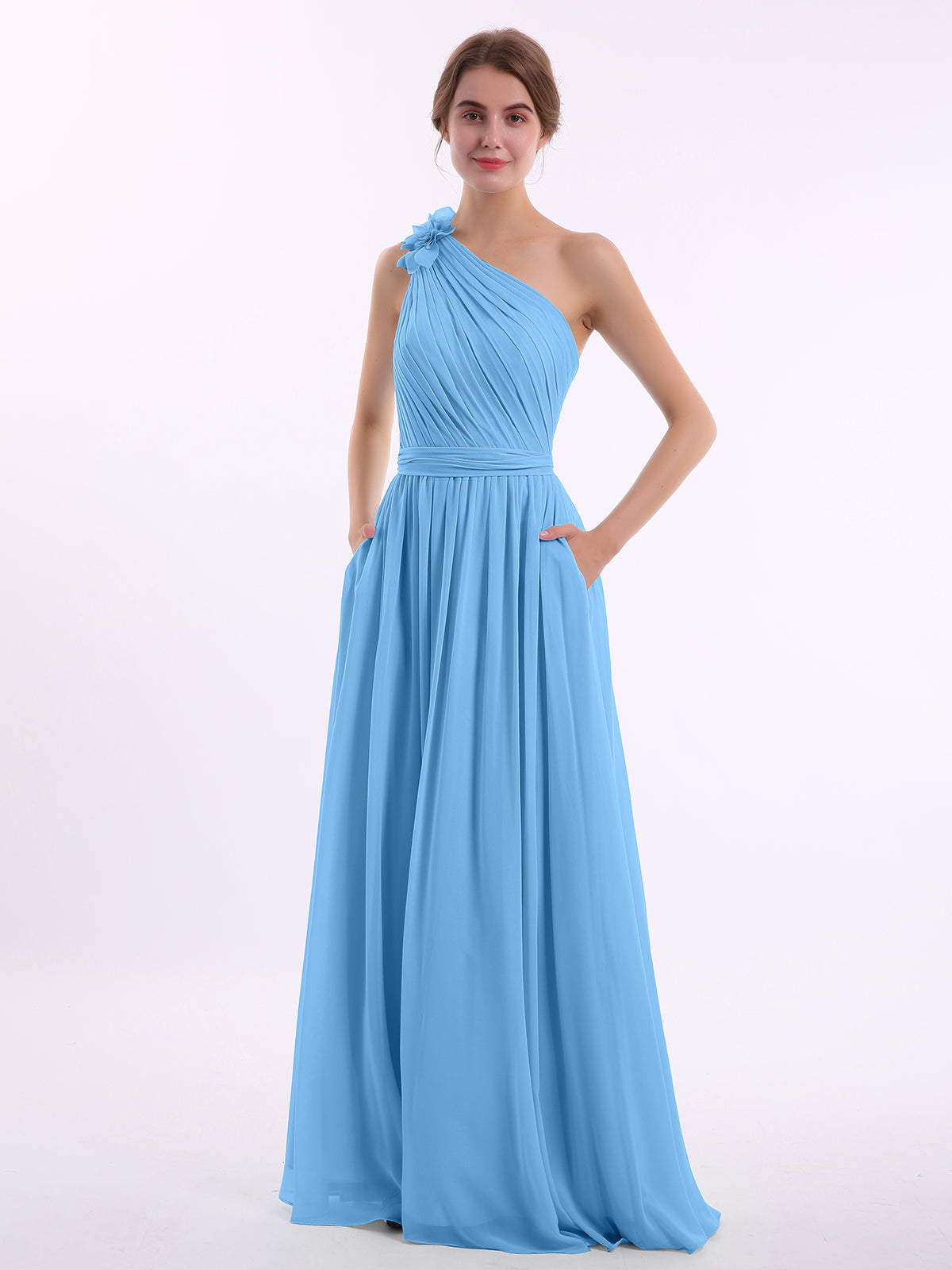 BABARONI One Flower Shoulder Chiffon Dresses with Pocket Blue, Blue / US0