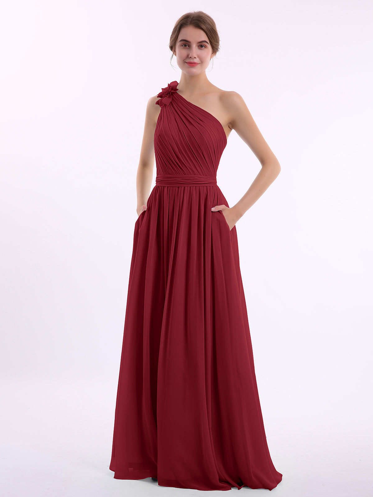 BABARONI One Flower Shoulder Chiffon Dresses with Pocket Burgundy, Burgundy / US0