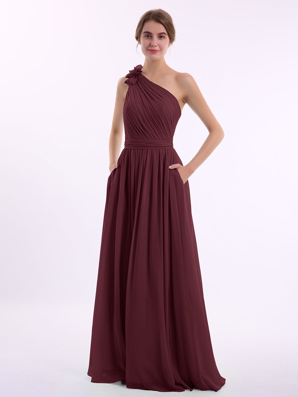burgundy one shoulder bridesmaid dress One Shoulder Burgundy Sheath High Low Knee Length Bridesmaid Dresses, CB0026 US12 / Custom Color(leaving a note)