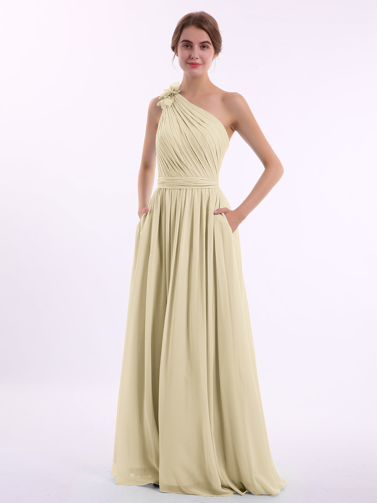 BABARONI BABARONI Chiffon Champagne Bridesmaid Dresses One Shoulder Floor-length Backless Sleeveless Pocket A-line, Champagne / US0 BABARONI BABARONI Chiffon Champagne Bridesmaid Dresses One Shoulder Floor-length Backless Sleeveless Pocket A-line, Champagne / US0