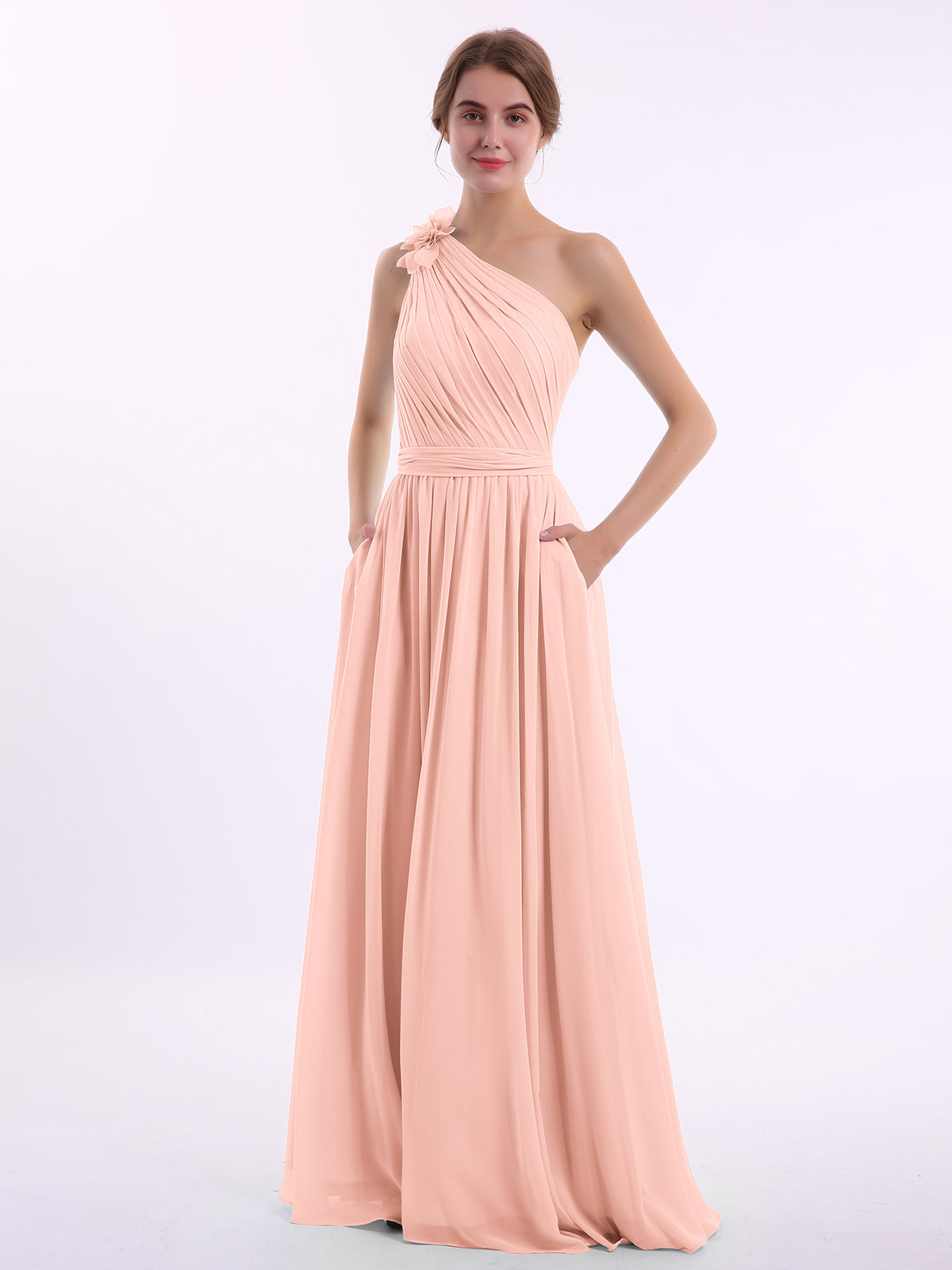 BABARONI One Flower Shoulder Chiffon Dresses with Pocket Coral, Coral / US0 BABARONI One Flower Shoulder Chiffon Dresses with Pocket Coral, Coral / US0