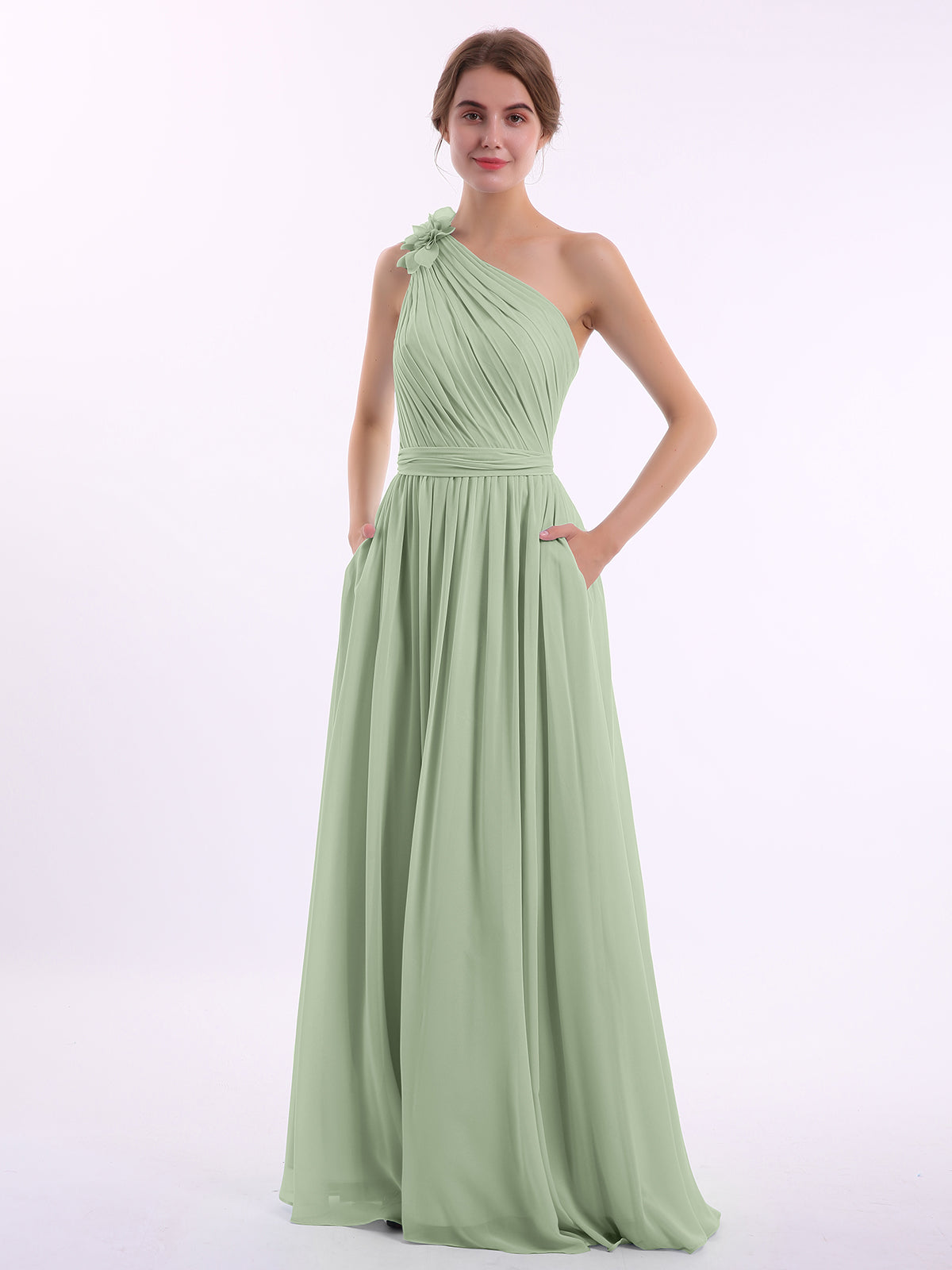 sage one shoulder bridesmaid dresses Azazie Brooke