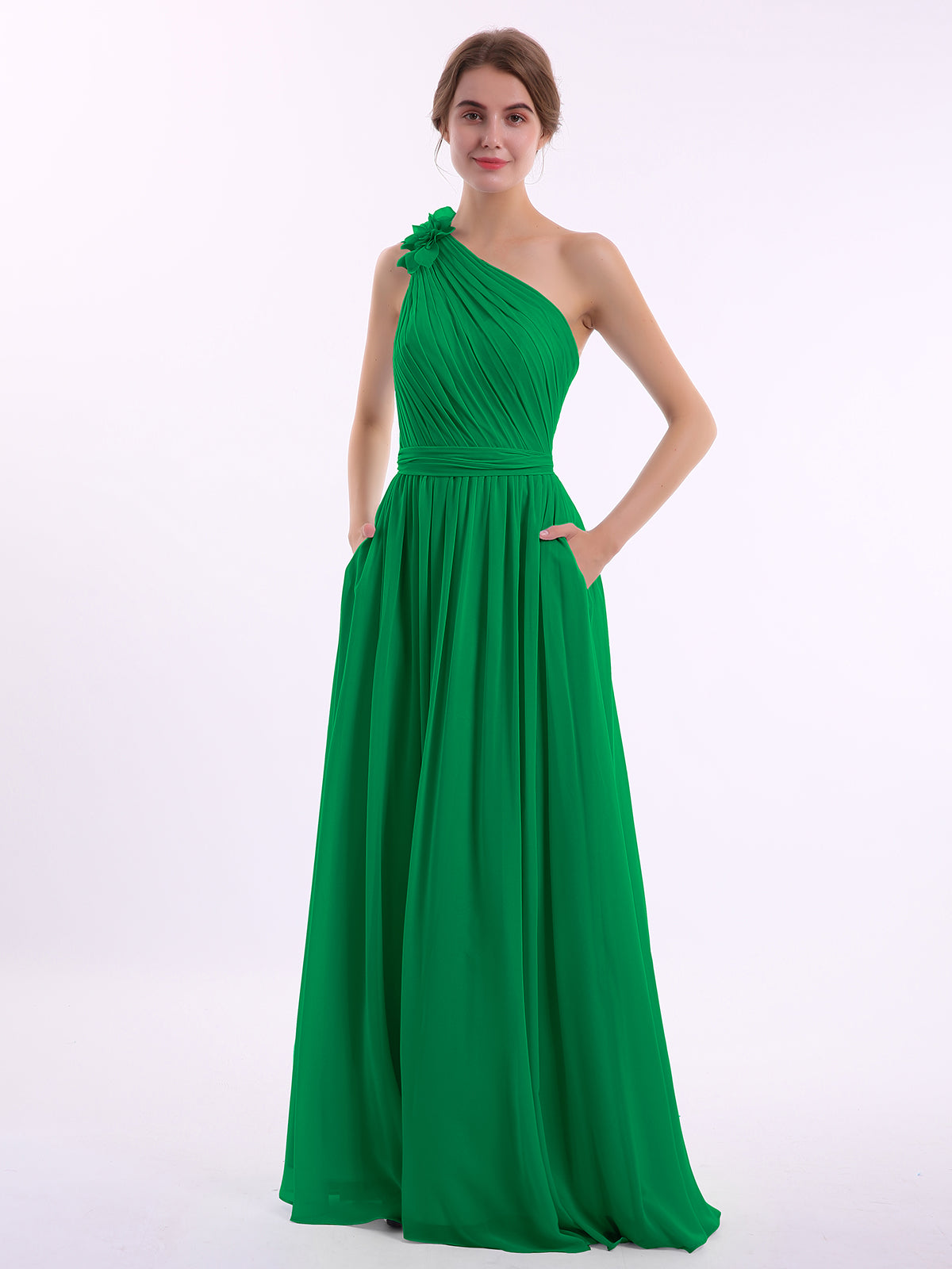 BABARONI One Flower Shoulder Chiffon Dresses with Pocket Emerald, Emerald / US0 BABARONI One Flower Shoulder Chiffon Dresses with Pocket Emerald, Emerald / US0