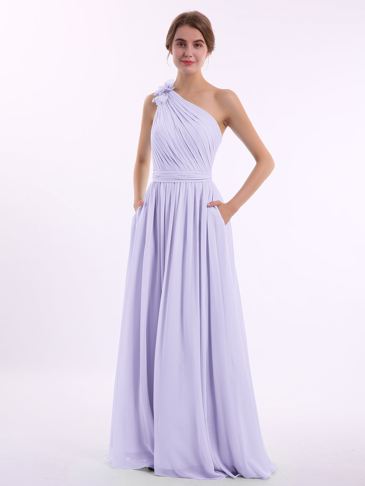 One Shoulder Flower Attached Chiffon Gown with Pockets Lemon Plus Size