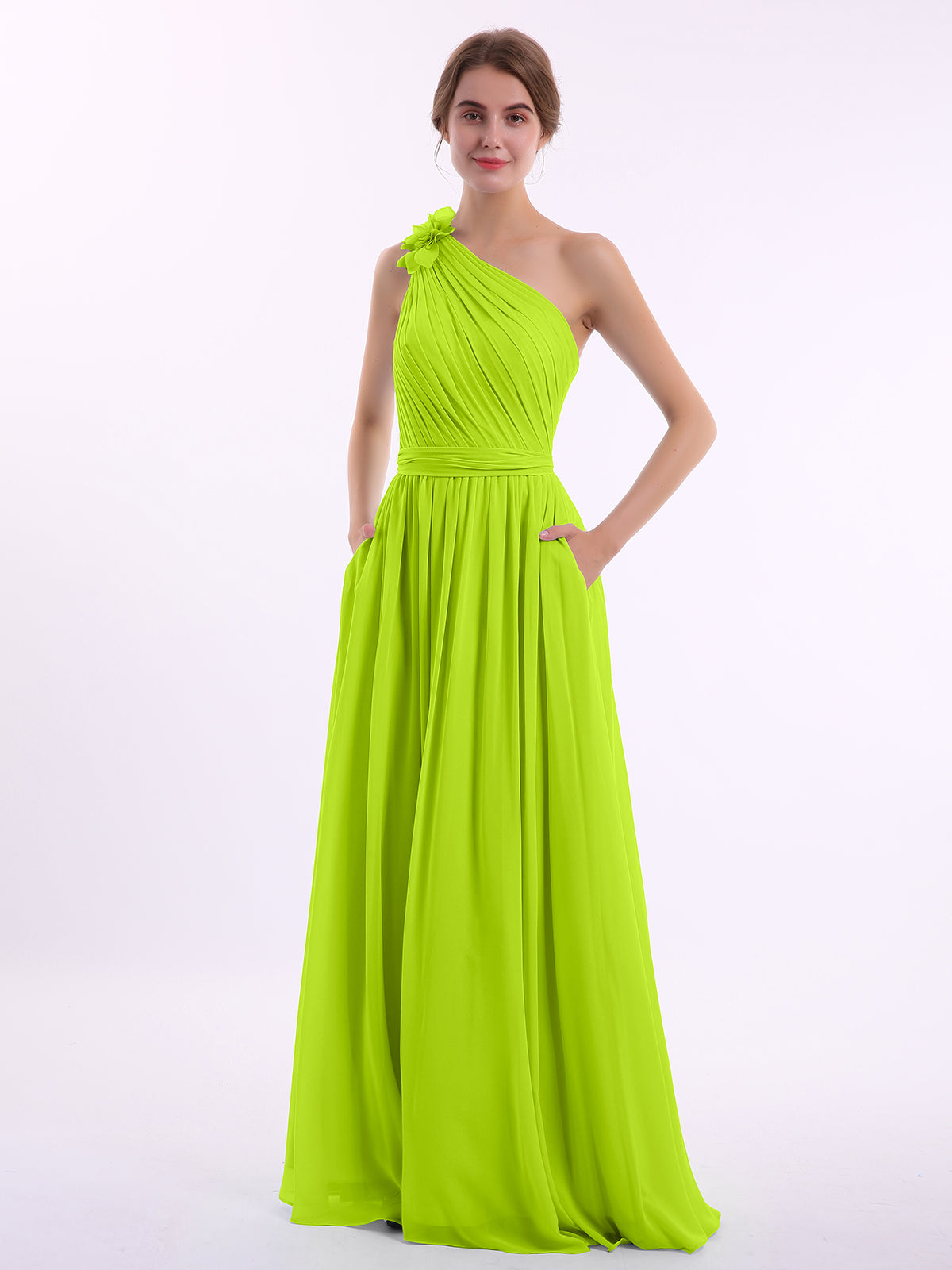 BABARONI One Flower Shoulder Chiffon Dresses with Pocket Lime Green, Lime Green / US0 BABARONI One Flower Shoulder Chiffon Dresses with Pocket Lime Green, Lime Green / US0