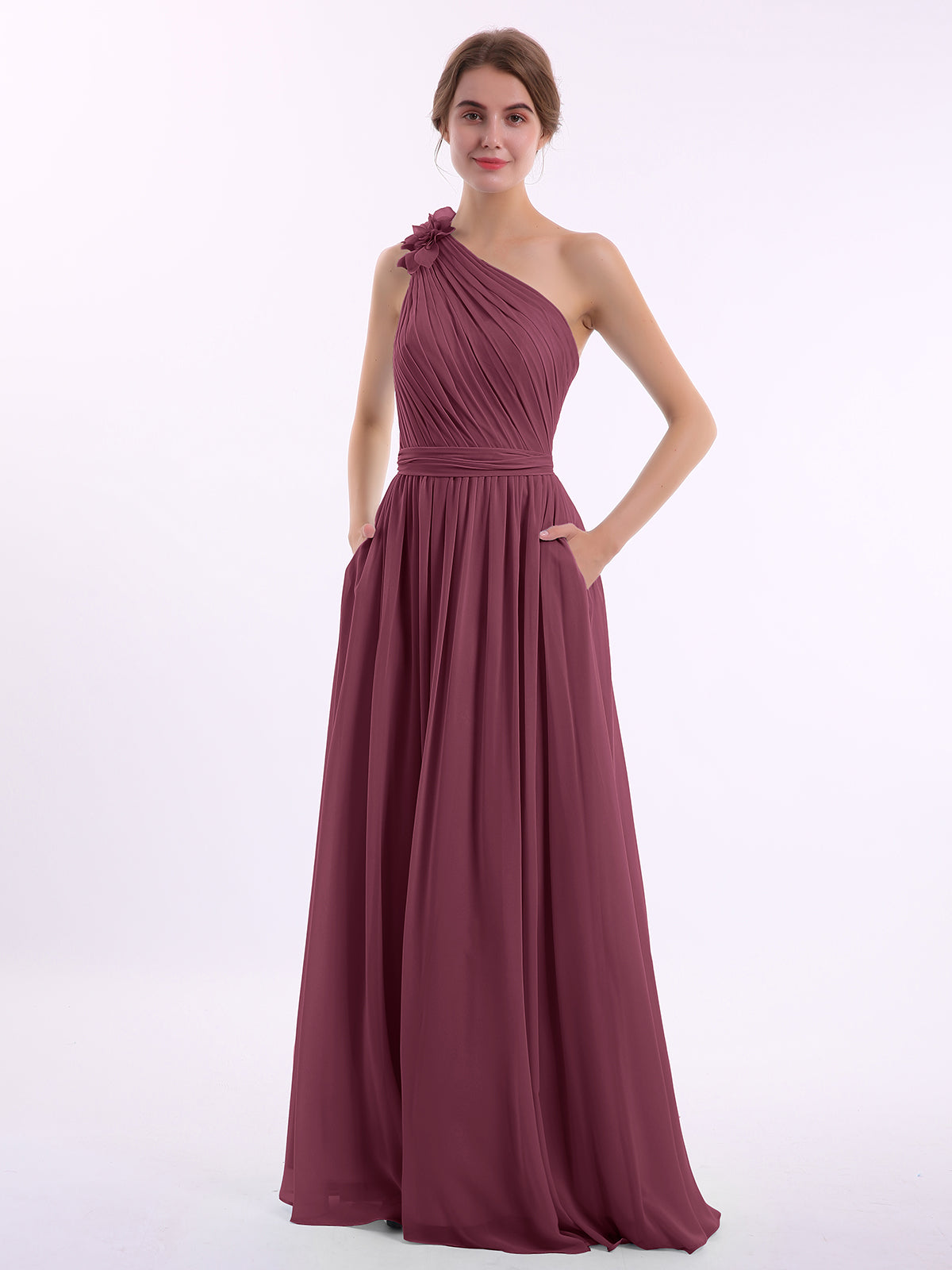 BABARONI One Flower Shoulder Chiffon Dresses with Pocket Mulberry, Mulberry / US0 BABARONI One Flower Shoulder Chiffon Dresses with Pocket Mulberry, Mulberry / US0