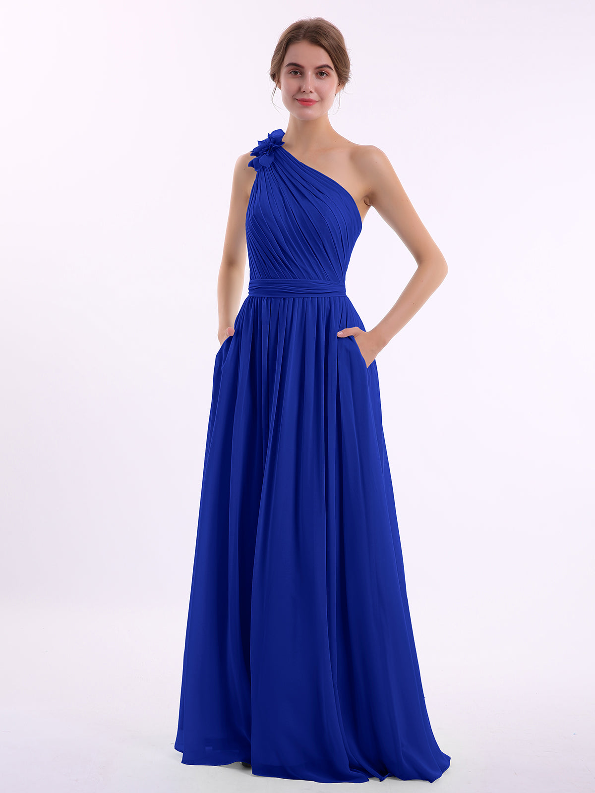 BABARONI One Flower Shoulder Chiffon Dresses with Pocket Royal Blue, Royal Blue / US0 BABARONI One Flower Shoulder Chiffon Dresses with Pocket Royal Blue, Royal Blue / US0
