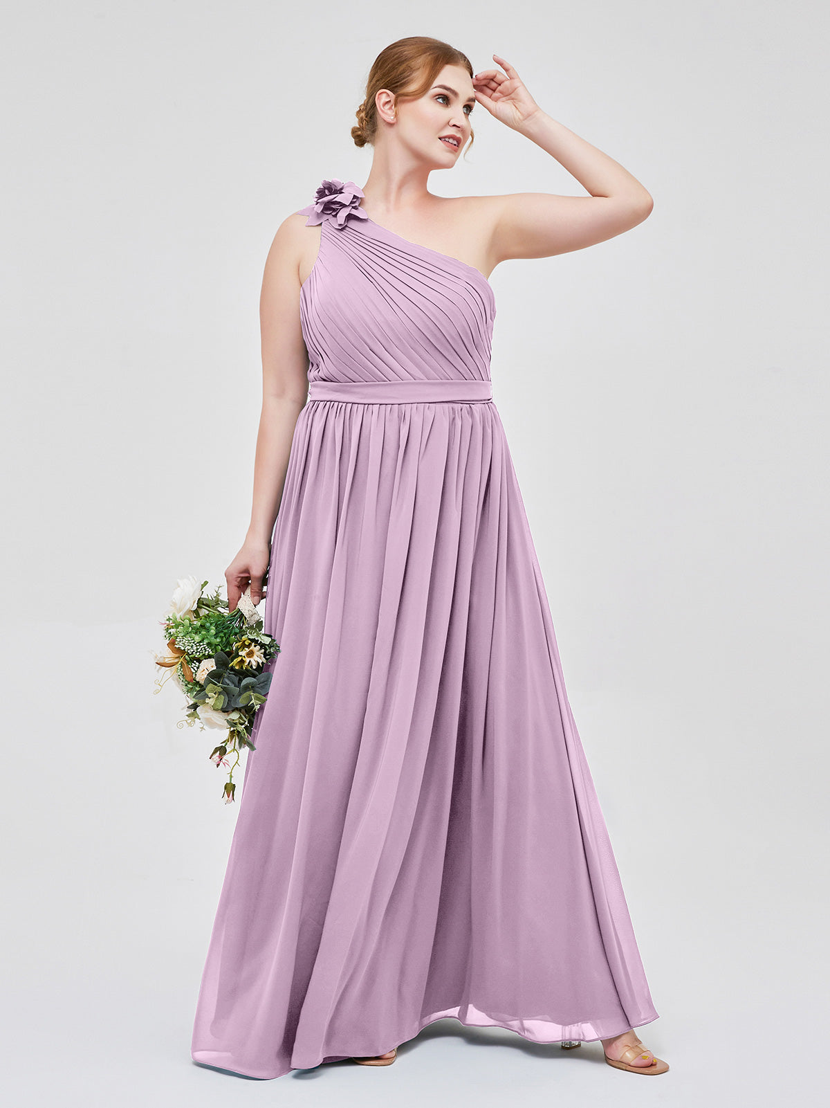 Wisteria Plus Size One-Shoulder Chiffon Bridesmaid Dress with Flower Detail and Pocket