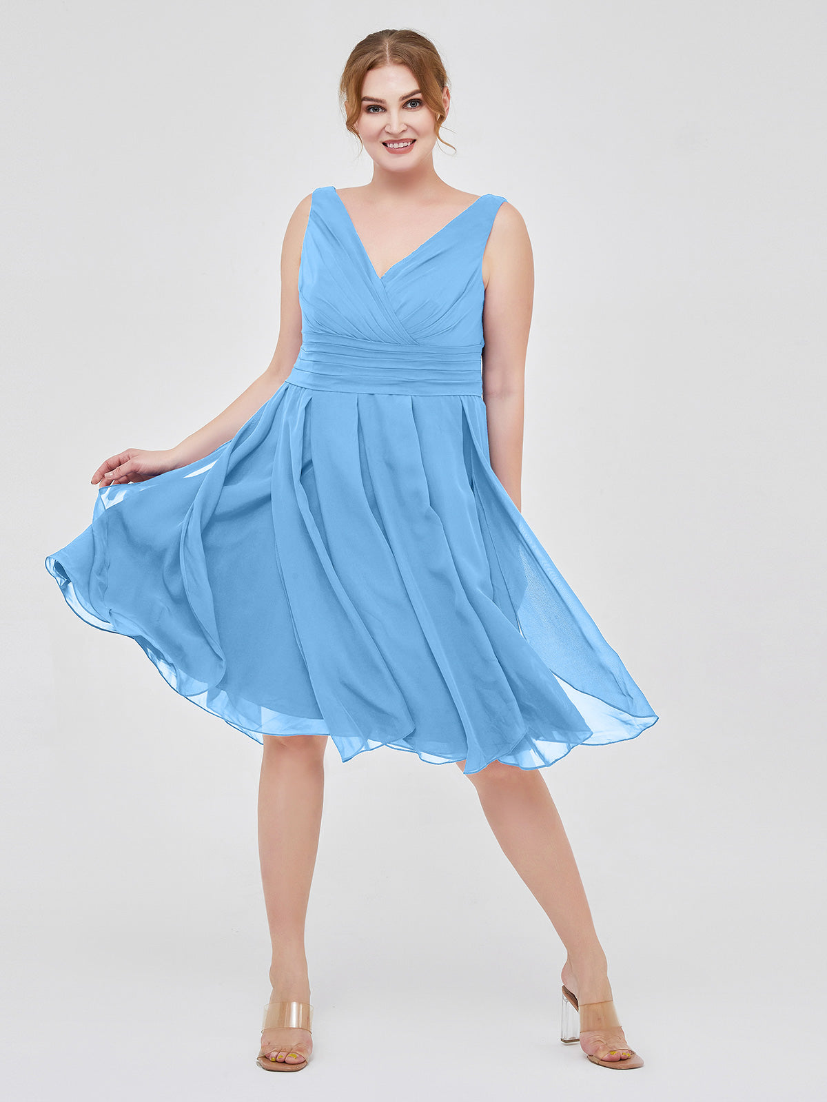 BABARONI Short Chiffon Dress with V Neckline Blue, Blue / US0