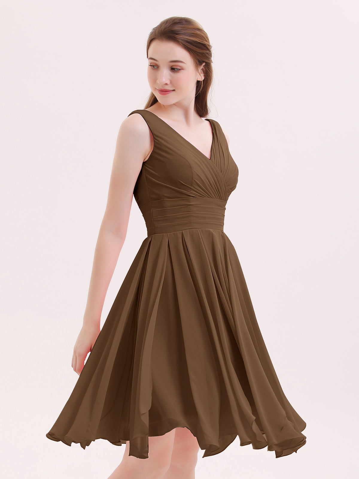 BABARONI Short Chiffon Dress with V Neckline Brown, Brown / US0 BABARONI Short Chiffon Dress with V Neckline Brown, Brown / US0