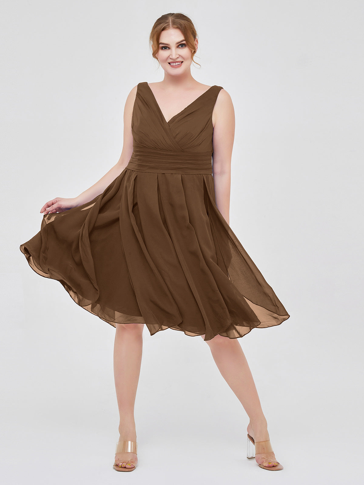 BABARONI Short Chiffon Dress with V Neckline Brown, Brown / US0