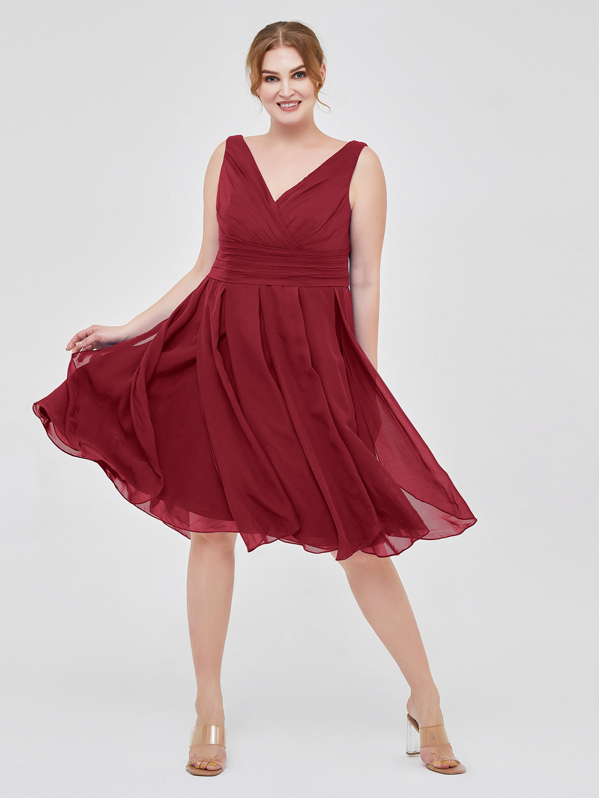 BABARONI Short Chiffon Dress with V Neckline Burgundy, Burgundy / US0