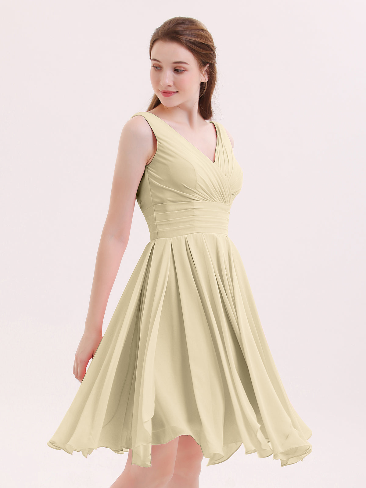 BABARONI Short Chiffon Dress with V Neckline Champagne, Champagne / US0 BABARONI Short Chiffon Dress with V Neckline Champagne, Champagne / US0