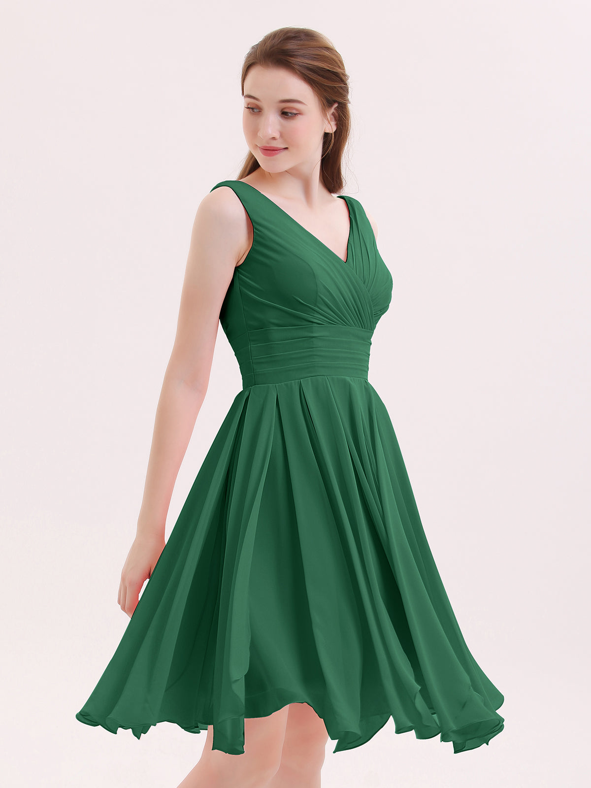 BABARONI Short Chiffon Dress with V Neckline Dark Green, Dark Green / US0 BABARONI Short Chiffon Dress with V Neckline Dark Green, Dark Green / US0