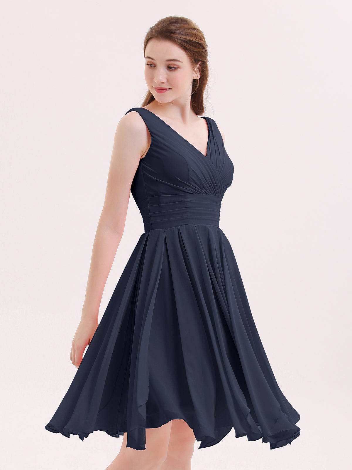 BABARONI Short Chiffon Dress with V Neckline Dark Navy, Dark Navy / US0