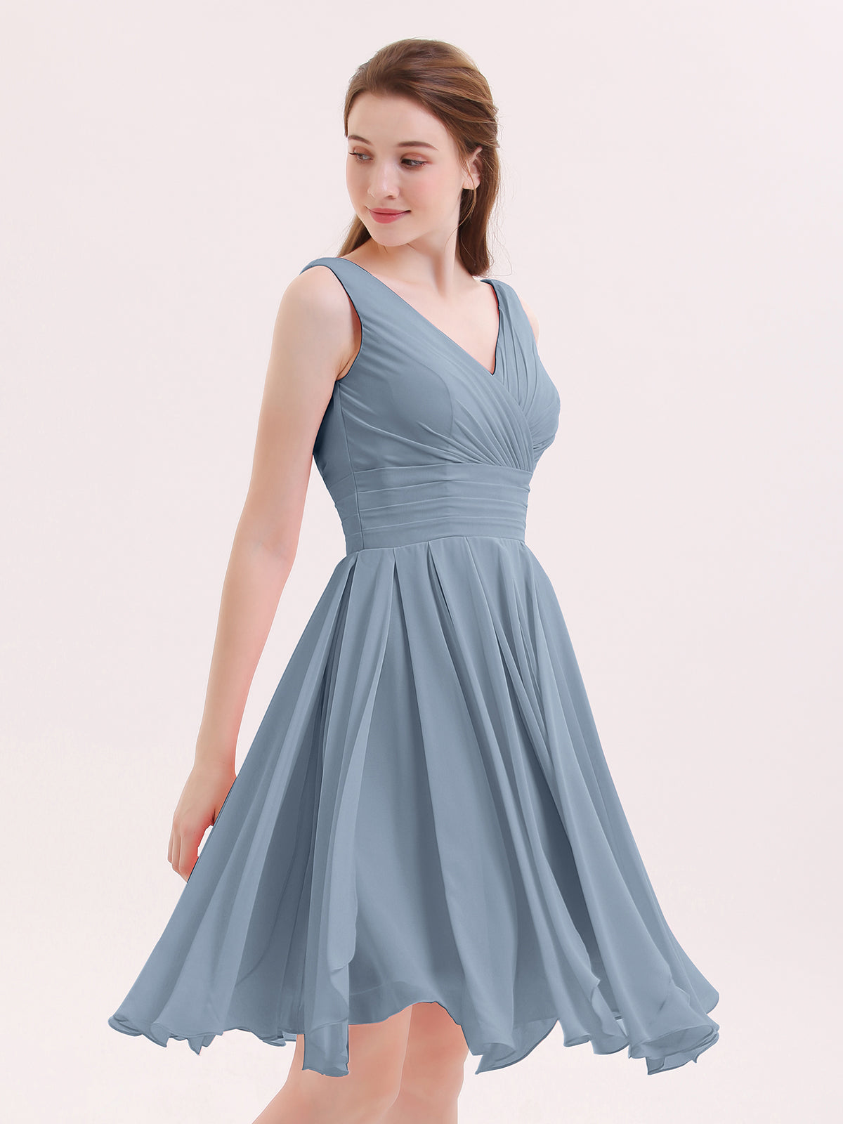 BABARONI Short Chiffon Dress with V Neckline Dusty Blue, Dusty Blue / US0