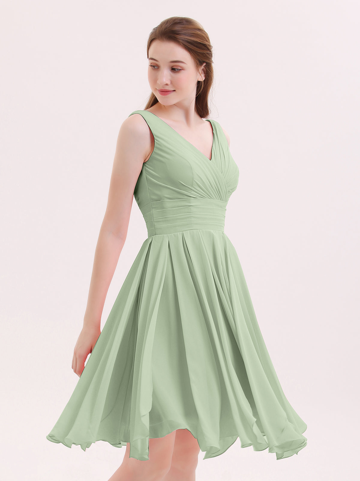BABARONI Short Chiffon Dress with V Neckline Dusty Sage, Dusty Sage / US0 BABARONI Short Chiffon Dress with V Neckline Dusty Sage, Dusty Sage / US0