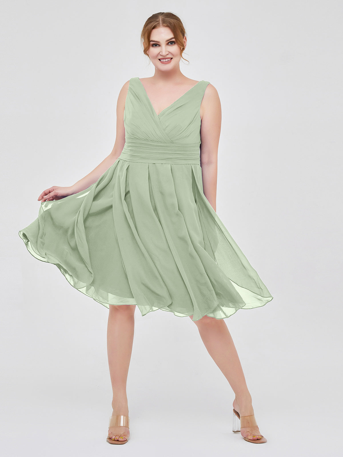 BABARONI Short Chiffon Dress with V Neckline Dusty Sage, Dusty Sage / US0