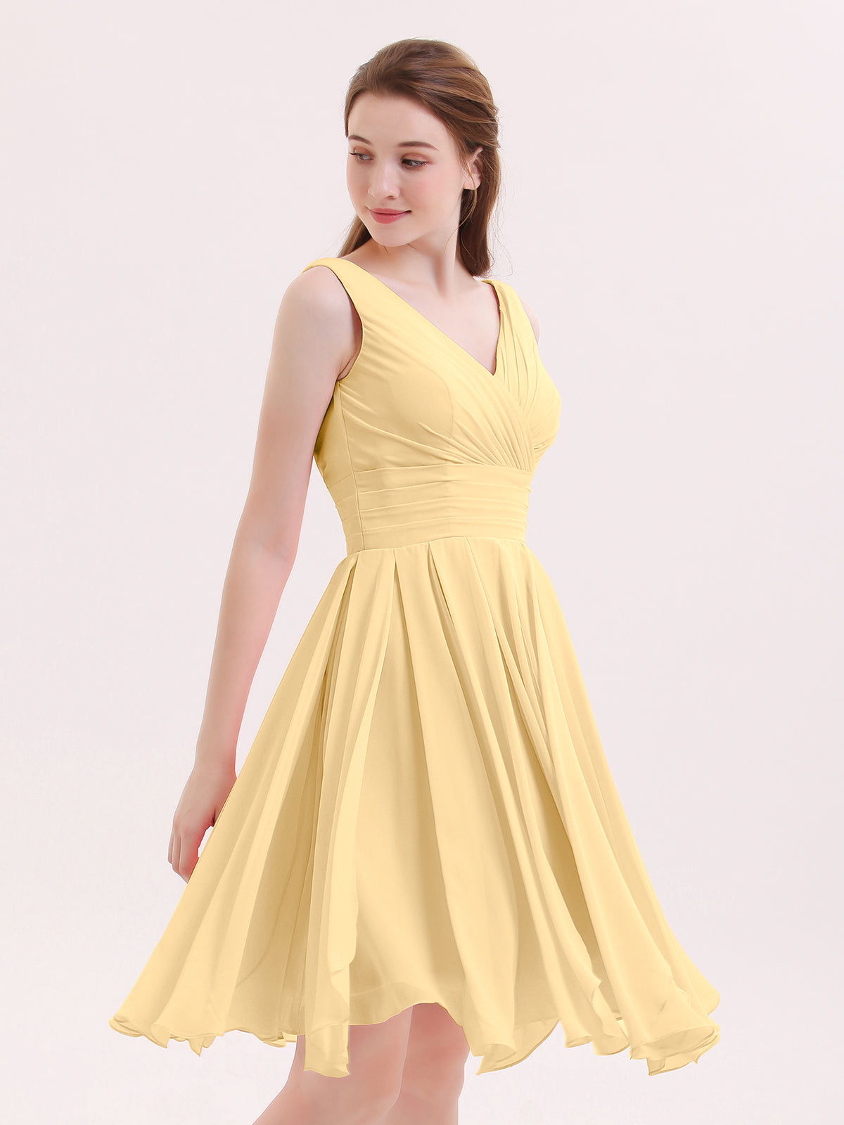 BABARONI Short Chiffon Dress with V Neckline Gold, Gold / US0 BABARONI Short Chiffon Dress with V Neckline Gold, Gold / US0