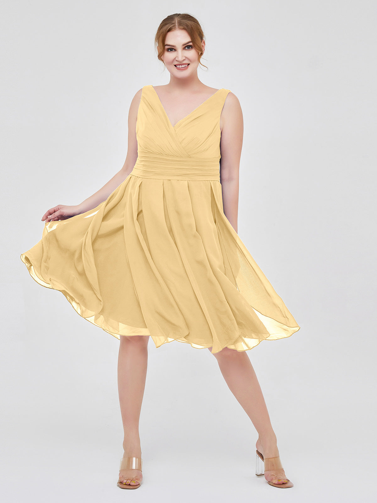 BABARONI Short Chiffon Dress with V Neckline Gold, Gold / US0 BABARONI Short Chiffon Dress with V Neckline Gold, Gold / US0