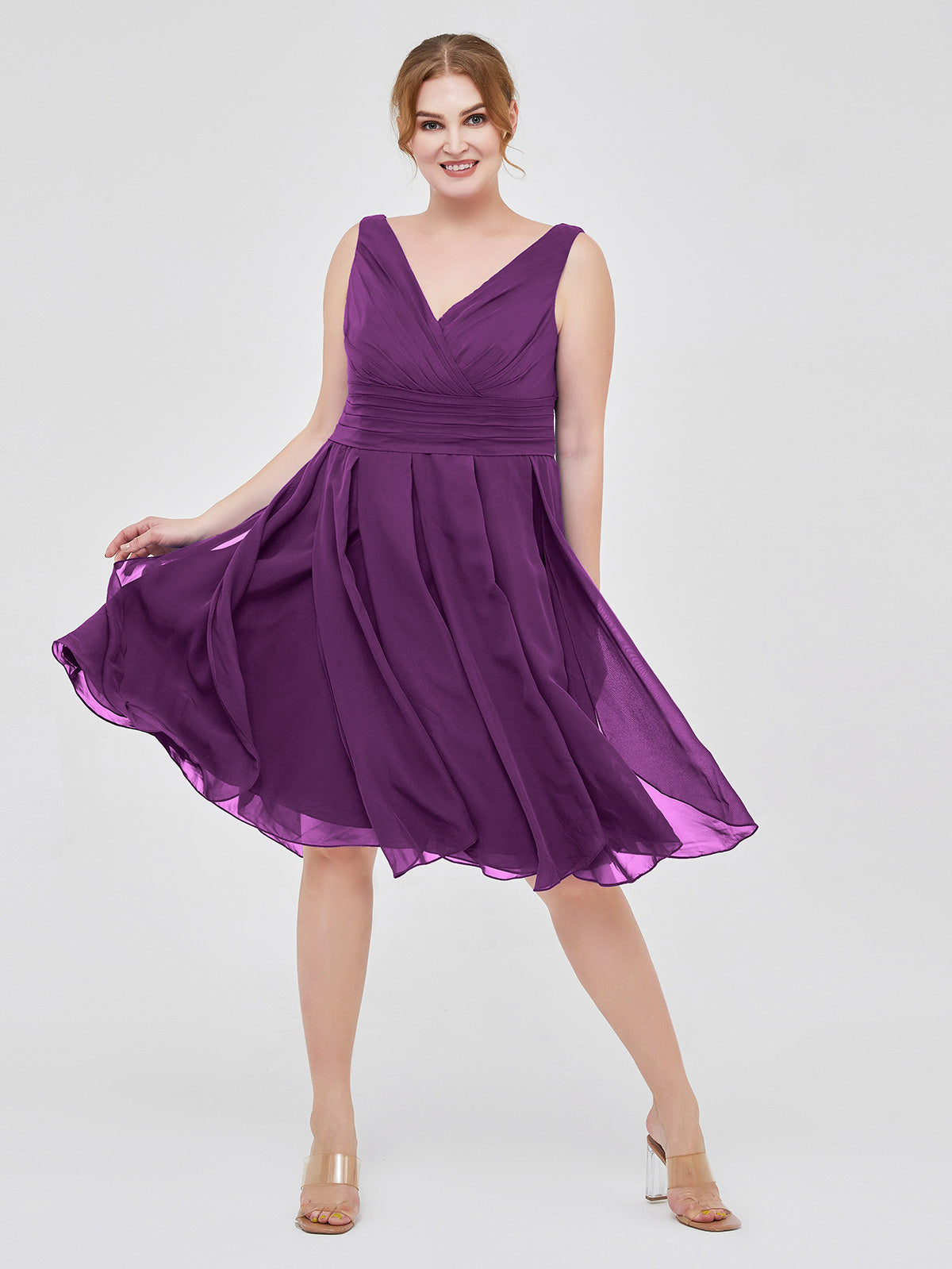 BABARONI Short Chiffon Dress with V Neckline Grape, Grape / US0