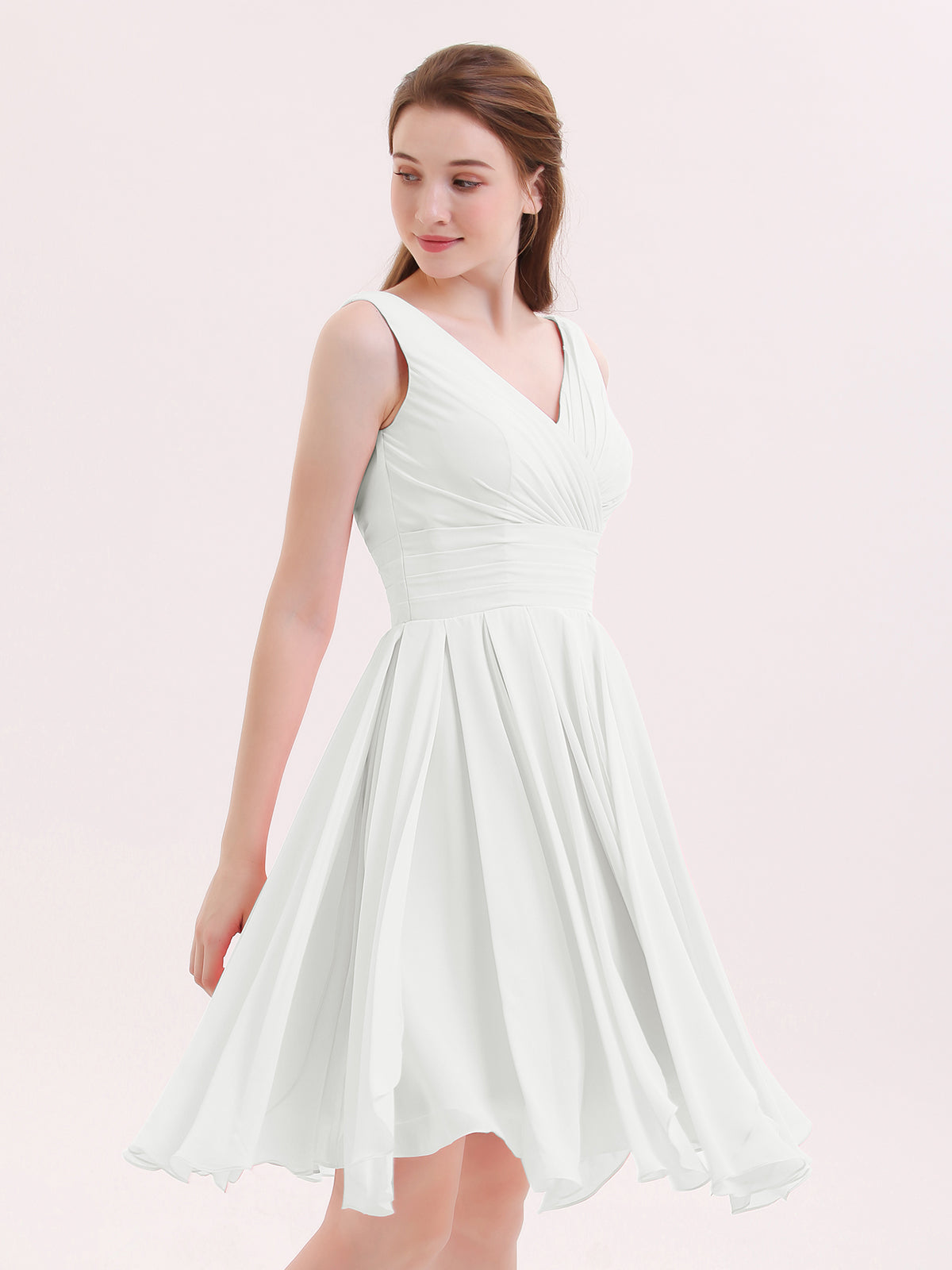 BABARONI Chiffon Ivory Bridesmaid Dresses V-neck Knee-length Sleeveless  Ruffle A-line
