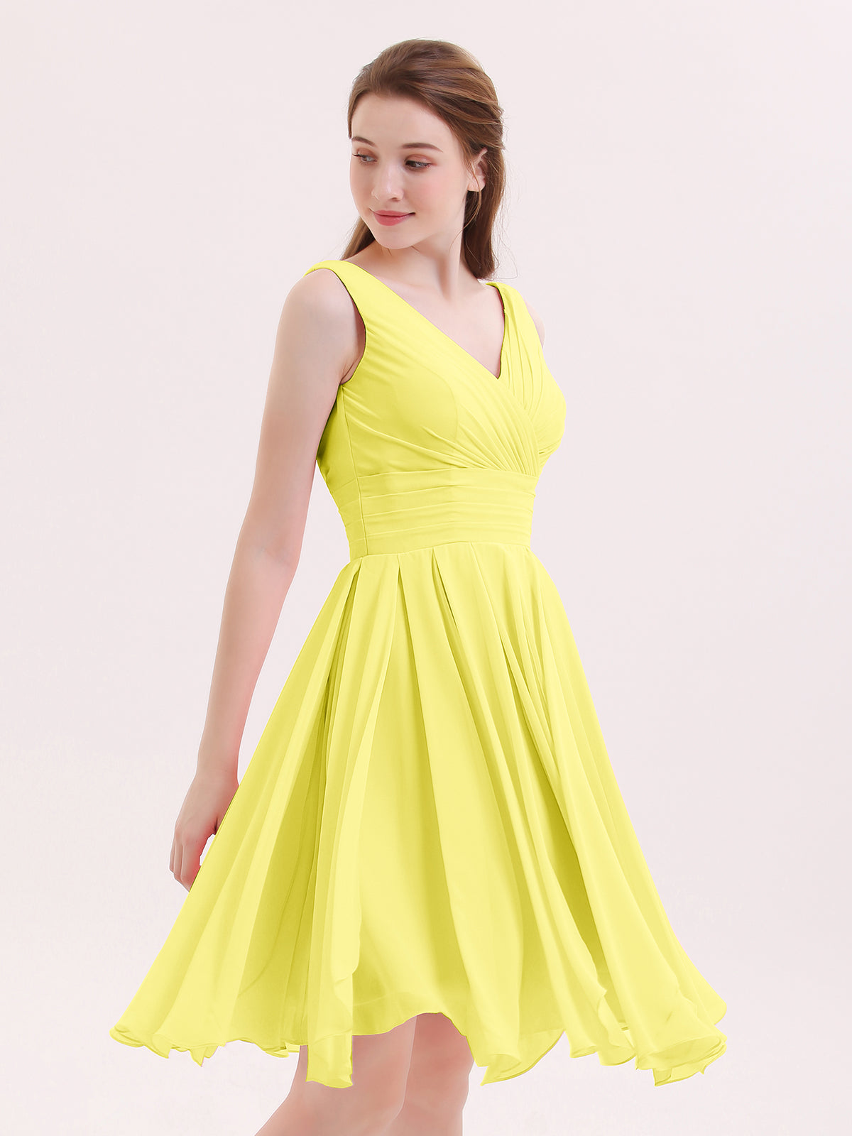 BABARONI Short Chiffon Dress with V Neckline Lemon, Lemon / US0 BABARONI Short Chiffon Dress with V Neckline Lemon, Lemon / US0