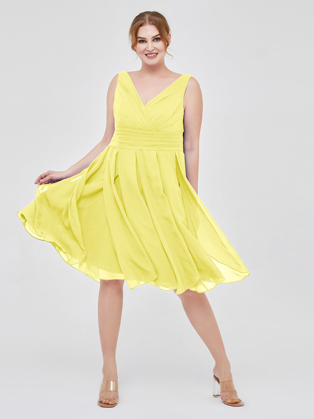 BABARONI Short Chiffon Dress with V Neckline Lemon, Lemon / US0 BABARONI Short Chiffon Dress with V Neckline Lemon, Lemon / US0