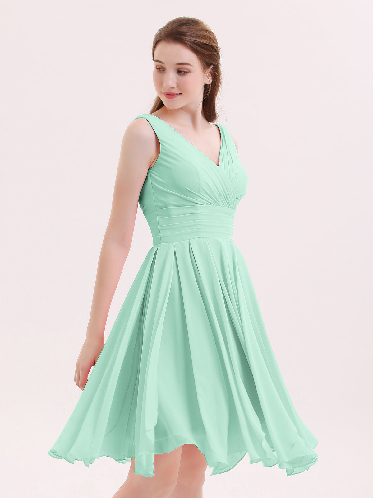 BABARONI Short Chiffon Dress with V Neckline Mint Green, Mint Green / US0 BABARONI Short Chiffon Dress with V Neckline Mint Green, Mint Green / US0