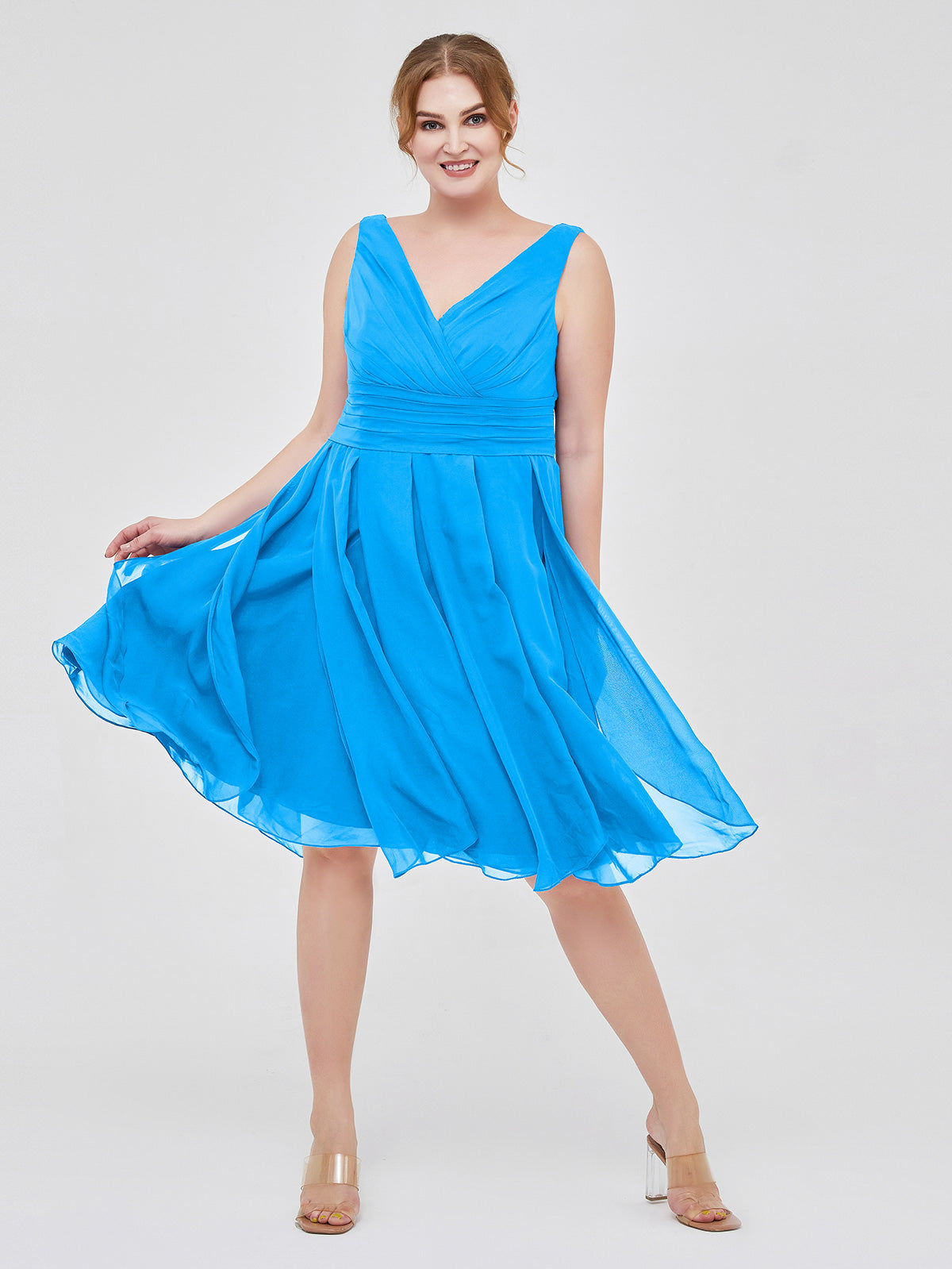 BABARONI Short Chiffon Dress with V Neckline Ocean Blue, Ocean Blue / US0